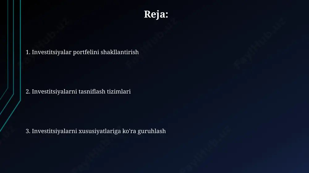 iflash turlari investitsiyalarni aktivlarning xususiyatlariga ko'ra, masalan, moliyaviy (qimmatli qog'ozlar, valyuta) yoki real (ko'chmas mulk, jihozlar) aktivlarga, shuningdek, ularning suyuqlik darajasiga (yuqori, o'rtacha, past) bo'linadi. investitsiyalarni xavf darajasiga ko'ra past, o'rta va yuqori xavfli deb tasniflash mumkin; bu esa 1-10 gacha bo'lgan shkala bilan o'lchanishi mumkin, bu yerda 1 - eng past xavf, 10 - eng yuqori xavfni bildiradi. alternativ investitsiyalar alternativ investitsiyalar portfelining diversifikatsiyasi, kamida 3 turdagi aktivlarni (masalan, ko'chmas mulk, xususiy kapital va infrastruktura) o'z ichiga olishi, umumiy xavfni kamaytirishga va 5-10 yillik istiqbolda yuqori daromad olishga yordam beradi. alternativ investitsiyalar, masalan, xususiy kapitalga yoki ko'chmas mulkka investitsiyalar, an'anaviy aktivlardan farqli ravishda yuqori daromad keltirishi mumkin, biroq 10% dan yuqori bo'lgan yuqori xavf bilan ham bog'liq. real aktivlarga investitsiyalar ko'chmas mulk investitsiyalari, masalan, tijorat binolari yoki uy-joylarga investitsiya qilish, 5-10 yillik muddatga mo'ljallangan bo'lib, o'rtacha 7% dan yuqori daromad keltirishi mumkin. qishloq xo'jaligi yerlariga investitsiya, hosil va yer …