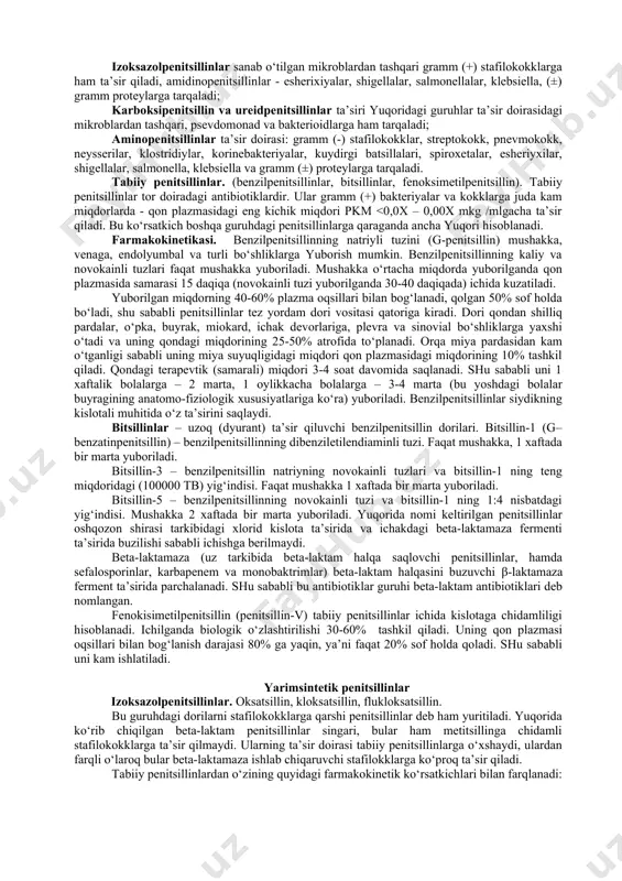 tetratsiklinlar esa tishlarni, tirnoqlarni va skelet suyaklarini jaroxatlasa, rifampitsin va eritromitsinlar jigar funksiyasini ishdan chiqaradi, ya’ni gepatotoksik ta’sir etadi. ba’zan superinfeksiya xolati yuzaga chiqadi va ikkilamchi infeksion kasallik rivoj topadi, ba’zan esa antimikrob preparatlarga nisbatan chidamli mikrob shtammlari yuzaga chiqadi. shuningdek ba’zi mikroorganizmlarni spesifik antimikrob moddalarga nisbatan chidamligini yuzaga kelishi rezistentlik xolatini kuchaytiradi. sizlarga ma’lumki xozirgi kunda vrachlar qo‘lida juda katta dorivor moddalarning arsenali mavjud. ammo mana shu dengiz kabi juda mo‘l dorilar ichidan ratsional ishlatish uchun xar bir bemorni o‘zini preparatini (p-pr-tni) tanlab olish o‘ta mushkul vazifadir. bu borada asosiy axamiyat bir tomondan kasalni kelib chiqishiga, rivojlanishiga, bemorlarning individual sezuvchanligiga, ularning yoshiga, jinsiga va xolatiga (xomiladorlik va b) qaratilsa, ikkinchi tomondan bemor uchun berilayotgan dori moddalarining o‘zaro birga qo‘shib ishlatganda yuzaga chiqishi mumkin bo‘lgan turli xil nomunosibliklarga qaratiladi…! shuningdek, bemor uchun berilayotgan dori moddalarining terapevtik effektivligiga, maksimal darajada nojo‘ya ta’sirotlardan xoli ekanligiga va iqtisodiy tomondan bemorlar «cho‘ntagiga» mos tushishiga …