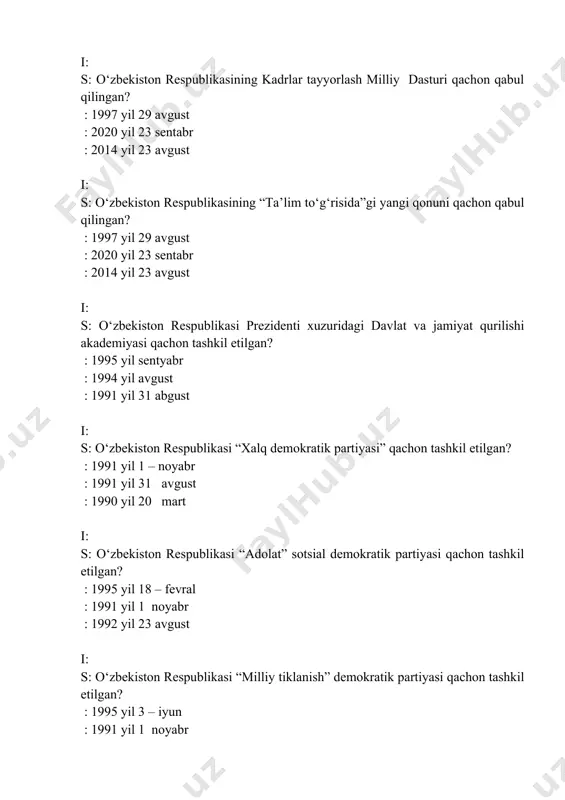 ston respublikasi “fidokorlar” milliy demokratik partiyasi qachon tashkil etilgan? :1998 yil 28 – dekabr :1991 yil 1 noyabr :1995 yil 18 fevral i: s: o‘zbekiston respublikasining “ta’lim to‘g‘risida”gi yangi qonuni nechta moddadan iborat? : 75 moddadan : 23 moddadan : 86 moddadan i: s: o‘zbekiston respublikasi liberal demokratik partiyasi qachon tashkil etilgan? : 2003 yil 15 – noyabr : 2002 yil 25 sentabr : 2005 yil 3 oktabr i: s: o‘zbekiston respublikasi “xalq birligi” jamoatchilik xarakati qachon tashkil etilgan? : 1995 yil : 1997 yil : 1996 yil i: s: o‘zbekiston respublikasi xalq demokratik partiyasining gazetalari qaysi? : hammasi to‘g‘ri : “xalq ovozi” : “golos uzbekistana” i: s: o‘zbekiston respublikasining “adolat” sotsial demokratik partiyasi gazetalari qaysi? : “adolat” : “xxi asr” : “xalq ovozi” i: s: o‘zbekiston respublikasining “milliy tiklanish” demokratik partiyasi gazetalari qaysi? : “milliy tiklanish” : “adolat” : “xxi asr” : “xalq ovozi” i: s: o‘zbekiston respublikasi liberal …