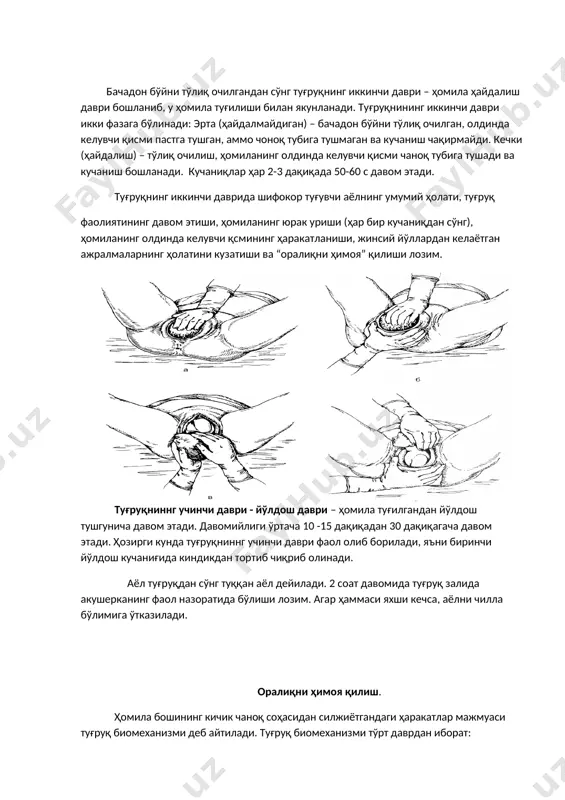 давом этади. ҳозирги кунда туғруқниннг учинчи даври фаол олиб борилади, яъни биринчи йўлдош кучаниғида киндикдан тортиб чиқриб олинади. аёл туғруқдан сўнг туққан аёл дейилади. 2 соат давомида туғруқ залида акушерканинг фаол назоратида бўлиши лозим. агар ҳаммаси яхши кечса, аёлни чилла бўлимига ўтказилади. оралиқни ҳимоя қилиш. ҳомила бошининг кичик чаноқ соҳасидан силжиётгандаги ҳаракатлар мажмуаси туғруқ биомеханизми деб айтилади. туғруқ биомеханизми тўрт даврдан иборат: ҳомила бошининг эгилиши (flexio capitis) ва чаноқ кириш қисмига тақалиши – бачадон ичи босими ҳомиланинг чаноғи орқали бошига, бўйнига таъсир қилиб, боши эгилади ва энсаси пастга тушади. кичик лиқилдоқ катта лиқилдоқдан олдинда жойлашади. ҳомила бошининг кичик чаноқ соҳасида буралиши ва олдинлама ҳаракати – ҳомила боши эгилиб, кичик чаноқ кириш қисмга тақалаганда бошланади. ҳомила боши бироз эгилиб. қийшиқ ўлчамлардан бири билан кичик қаноқнинг кенг қисмидан ўтади. ички айланма ҳаракат қилиб, тор қисмидан ҳам ўтади. натижада ҳомила боши қийшиқ ўлчамдан тўғри ўлчамга ўтади. боши кичик чаноқнинг чиқиш қисмига тушганда ички …