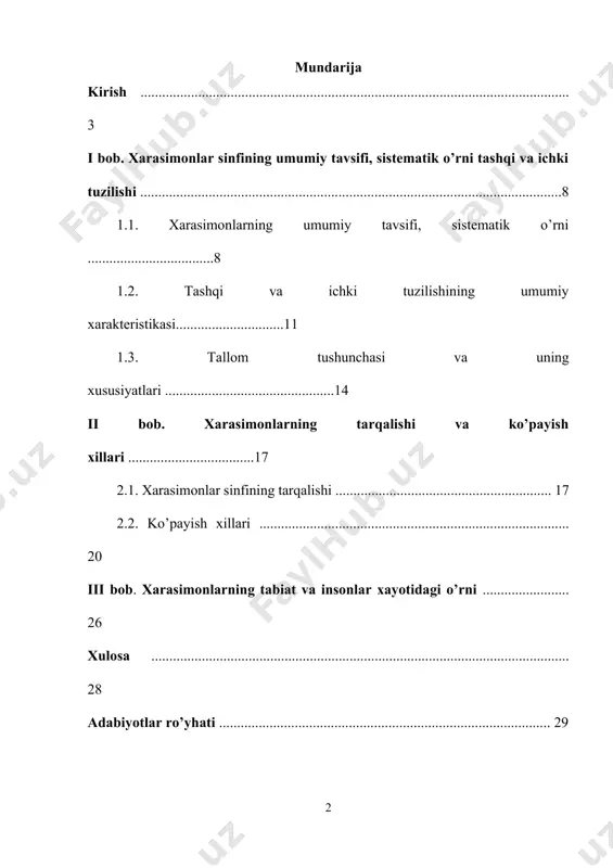 „poya“ oʻsib chiqadi. tanasining pastki qismi balchiqqa yoki qumga botib turadi. vegetativ koʻpayadi. xarasimon suvoʻtlar paleozoy erasining oʻrtalarida keng tarqalgan, toʻrt qabilasi qolgan. 3 oila va 7 turkumga birlashgan 300 turi maʼlum. oʻzbekistonda nitella, nitellopsis, lamprotamnium va boshqa turlari tarqalgan. xarasimon suvoʻtlar, koʻpincha chuchuk va shoʻr suvli havzalarda uchraydi. oʻzbekistonda, asosan, koʻl, zovur, sholipoya va qisman daryo, ariq va buloqlarda xarazorlarni hosil qiladi. bir gektar maydondan 30-330 t toʻyimli va ozuqabop biomassa olinadi. xarasimonlar sinfining hozirgi zamon vakillari bitta tartibdan – xaralilar (charales) va bir oila – xaradoshlar ( characeae ) va 6ta turkumdan iborat. bulardan eng ko’p tarqalganlari xara va nitelladir. xaraning tallomi tikka o’suvchi, bo’yi 20-50 sm ga yetadi. boshchasining halqa shaklida shoxlanishi qirqbo’g’imga o’xshaydi. boshpoya va undan o’sib chiqqan yon shoxchalari to’xtovsiz o’sish qobiliyatiga ega. xaraning bo’g’im oralig’idagi hujayralari ust tomondan maxsus po’st bilan qoplangan. boshpoya qismida “bargcha “ni eslatuvchi shoxchalar halqa shaklda joylashgan. har bir boshpoyaning …