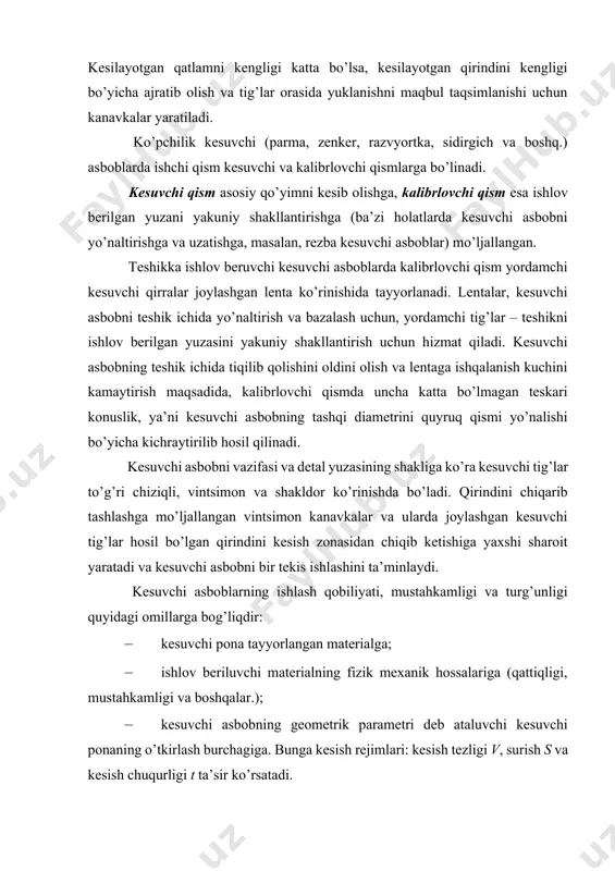 qattiqligi, mustahkamligi va boshqalar.); · kesuvchi asbobning geometrik parametri deb ataluvchi kesuvchi ponaning o’tkirlash burchagiga. bunga kesish rejimlari: kesish tezligi v, surish s va kesish chuqurligi t ta’sir ko’rsatadi. kesuvchi asbobning ishchi chizmasida kesuvchi ponaning o’tkirlanish burchagi β ni ko’rsatish qabul qilinmagan bo’lib, chizmada faqat charxlash burchaklari ko’rsatiladi, ya’ni oldingi burchak γ va orqa burchak α lar, bunda β=90º−(γ+α) bo’ladi. ushbu burchaklar asosiy va kesish tekisligi koordinata tekisliklaridan olinadi. perpendikulyar koordinata tekisliklarining o’zaro holati (1-a rasm) ikkita chiziq bo’yicha: kesuvchi tig’ va kesish tezligi vektorlari (kesish tekisligi) va uzatish (asosiy tekislik) aniqlanadi. oldingi burchak γ – bu oldingi yuza bilan kesish yuzasiga perpendikulyar bo’lgan yuzalarning orasidagi burchak. orqa burchak α – bu orqa yuza bilan kesish yuzalari orasidagi tirqishning burchagi. agar kesuvchi qirraga normal kesimida kesuvchi asbobni oldingi va orqa burchaklari og’ma chiziqli bo’lsa, u holda urinma holda ularni to’g’ri chiziqlar bilan almashtiriladi (1-b rasm). γ va α burchaklardan tashqari …