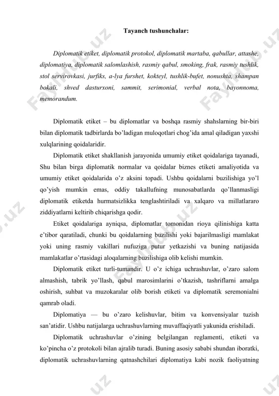 tik uchrashuvlar o’zining belgilangan reglamenti, etiketi va ko’pincha o’z protokoli bilan ajralib turadi. buning asosiy sababi shundan iboratki, diplomatik uchrashuvlarning qatnashchilari diplomatiya kabi nozik faoliyatning asosini tashkil etuvchi subordinatsiya qoidalari va professional cheklanishlarga qat’iy rioya qiladilar. uchrashuvlar o’zaro salom almashish bilan boshlanadi. salomlashish turlari har xil bo’ladi. xorijiy mamlakatlarda uzoq safarda bo’lgan kishi bu mamlakatning milliy udum va qonun-qoidalarini o’z mamlakati urf-odatlari bilan taqqoslaydi. misol uchun, shuni ta’kidlash lozimki, musulmonlar uchun shariat qonunlariga binoan ayol va erkak kishining qo’llari, agar ular qarindosh bo’lmasa, hatto bir-biriga tegib kyetishi ham qat’iyan man etiladi. biror-bir kishi sharafiga qabul marosimini tashkil etayotgan paytda yoki uni mehmonga taklif etayotgan hollarda, mehmon qaysi dinga e’tiqod qilishini bilish zarurdir. islom dini qoidalariga ko’ra spirtli ichimliklarni iste’mol qilish qat’iyan man etiladi. hindulik dini qoidalariga asosan esa taomlar vegetarian turida bo’lib, zinxor mol go’shtidan tayyorlanmagan bo’lishi lozim. diplomatik salom almashish qoidalari umumqabul qilingan salom almashish qoidalaridan deyarli farq qilmaydi. …