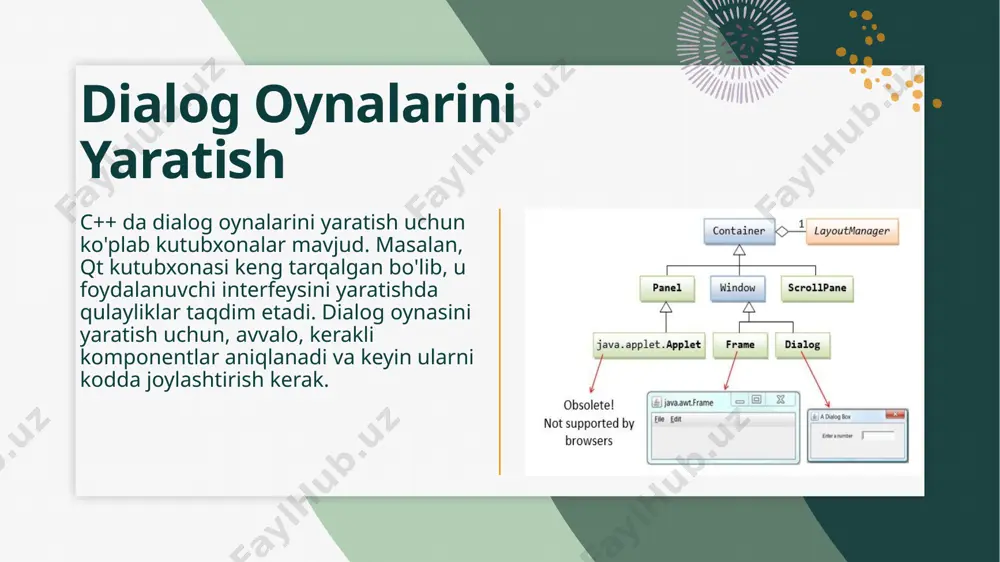 nellar va menyular yaratish imkonini beradi. qt, wxwidgets va gtk+ kabi mashhur kutubxonalar, dasturchilarga grafik interfeyslarni tez va samarali ishlab chiqish imkoniyatini taqdim etadi. c++ gui imkoniyatlari bundan tashqari, c++ gui kutubxonalari kengaytiriladigan va moslashtiriladigan imkoniyatlarga ega. dasturchilar o'z ehtiyojlariga mos keladigan interfeyslarni yaratish uchun turli xil xususiyatlardan foydalanishlari mumkin. shuningdek, c++ gui kutubxonalari ko'p platformali qo'llab-quvvatlashni ta'minlaydi, bu esa dasturlarni turli operatsion tizimlarda ishlatishga imkon beradi. bu dasturchilar uchun katta afzallikdir. c++ tilida gui yaratish jarayoni juda qulay va samarali. kutubxonalar yordamida dasturchilar murakkab interfeyslarni tezda ishlab chiqishlari mumkin. bu esa dasturiy ta'minotning foydalanuvchi tajribasini yaxshilaydi. interaktiv dasturlar yaratish c++ dasturlash tili yordamida interaktiv dasturlar yaratish foydalanuvchi tajribasini yaxshilaydi. dialog oynalari, panellar va menyular orqali foydalanuvchilar bilan samarali muloqot qilish mumkin. bu komponentlar dastur interfeysini intuitiv va qulay qiladi, shuningdek, dasturda foydalanuvchi harakatlarini boshqarishga yordam beradi. c++ da interaktivlikning ahamiyati c++ da interaktiv dasturlar yaratish, dasturchilar uchun keng imkoniyatlar …
