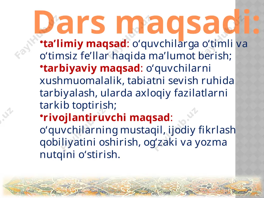 qaratadi, goh kuldiradi, goh (lof emas, momojon) yig’latadi. 92-mashq. quyidagi fe’llarni o’timli va o’timsizga ajratib, jadvalga joylashtiring, ular ishtirokida gaplar tuzing. o’timli fe’llar o’timsiz fe’llar almashmoq kiymoq so’roqlamoq quvontirmoq joylashtirmoq jiringlamoq o’xshamoq jilmaymoq yuzlanmoq kiyinmoq so’ramoq so’rattirmoq quvonmoq 93-mashq. topishmoqning javobini toping. qo’l bilan ekiladi, ko’z bilan teriladi, og’iz bilan o’qiladi. (so’z) test savollari. 1.so’zlar ma’no va vazifasiga ko’ra necha turga bo’linadi? a. 2 turga. b. 5 turga s. 9 turga. 2. qizardi, kuldi, qimirladi so’zlari nimani atab kelishiga ko’ra qanday fe’llar? a. o’timli fe’l. b. harakat fe’li. s. holat fe’li. 3. quyidagi maqolda fe’lning qaysi turi berilgan? yomon ko’z tosh yoradi, yomon do’st – bosh. a.o’timli fe’l. b.o’timsiz fe’l. s.bo’lishsiz fe’l. 4. o’timsiz fe’llar berilgan qatorni toping. a. yig’ladi, yozdi. b. kuyladi, o’qitdi. s. bordi, pishirdi. 5. quyidagi gapda qaysi so’z turkumlari bor? ilm insonni izzat va sharafga yetkazadi. a. 3ta ot, 1 ta fe’l. b. 4 ta ot, …