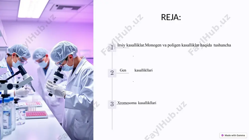 um bo‘ladi. sog‘lom odam qonida bu modda uchramaydi. hozirgi kunda bu kasallikning kelib chiqish sababi fenilalanin aminokislotasiga bog‘liqligi aniqlangan. fenilalanin norma fenilalanin gidroksilaza fermenti ishtirokida tirozinga aylanadi. fenilalanin gidroksilaza fermentining sintezi uchun javobgar bo‘lgan genning mutatsiyasi natijasida fenilketonuriya kasalligi yuzaga keladi. bu ferment kasal bo‘lganlarda faol bo‘lmaydi yoki umuman sintezlanmaydi, natijada fenilalanin tirozinga aylanmasdan qonda to‘planib, siydik bilan chiqadigan pirovinograd kislotasini hosil qiladi. bunday holda qonda to‘plangan pirovinograd kislota neyrotrop zahar sifatida ta’sir qila boshlaydi, nerv hujayralarini zaharlaydi va aqliy zaiflikka olib keladi. kasalda mushak tonusi qo‘zg‘aluvchanligi oshadi, qaltirash (epilepsiya holati) kuzatiladi. kasaldan «sichqon hid»i kelib turadi. 5 albinizm bu kasallik tirozinni melaninga aylantiruvchi tirozinoza fermenti sintezini boshqaruvchi genning mutatsiyaga uchrashi hisobiga sodir bo‘ladi. albinizm kasalligida terida, sochda, ko‘zning rangdor pardasida rang bo‘lmaydi va ko‘zning ko‘rish qobiliyati ancha susayadi. albinizm kasalligi to‘liq yoki qisman paydo bo‘lishi mumkin. to‘liq albinizm autosomadagi retsessiv gen ishtirokida yuzaga chiqsa, qisman albinizm esa autosomadagi dominant …