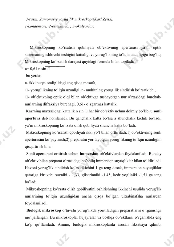 paratni yoritayotgan yorug’likning to’lqin uzunligini qisqartirish bilan. sonli aperturani orttirish uchun immersion ob’ektivlardan foydalaniladi. bunday ob’ektiv bilan preparat o’rtasidagi bo’shliq immersion suyuqliklar bilan to’ldiriladi. havoni yorug’lik sindirish ko’rsatikichini 1 ga teng desak, immersion suyuqliklar qatoriga kiruvchi suvniki - 1,33, gliserinniki -1,45, kedr yog’iniki -1,51 ga teng bo’ladi. mikroskopning ko’rsata olish qobiliyatini oshirishning ikkinchi usulida yorug’lik nurlarining to’lqin uzunligidan ancha qisqa bo’lgan ultrabinafsha nurlardan foydalaniladi. biologik mikroskop o’tuvchi yorug’likda yoritiladigan preparatlarni o’rganishga mo’ljallangan. bu mikroskoplar hujayralar va boshqa ob’ektlarni o’rganishda eng ko’p qo’llaniladi. ammo, biologik mikroskoplarda asosan fiksatsiya qilinib, bo’yalgan preparatlarni o’rganilishi mumkin. ko’pchilik tirik bo’yalmagan hujayralar o’tuvchi yorug’likda rangsiz va tiniq bo’lib ko’rinadi, shuning uchun ularni to’liq o’rganib bo’lmaydi. bu mikroskoplarni mbi 1,2,3..6..12, mbr 1,2,3, biolam, yergaval, ampival, mbs1,2,3,4..9, fazakontrastik, interferension, fluoressent, polyarizatsion, qorong’i maydonli, ultra binafsha xillari mavjud. qorong’ilatilgan maydonli mikroskopiya. qorong’i maydonda preparatlarni o’rganish maxsus kondensor yordamida amalga oshiriladi. qorong’i maydonli kondensor odatdagi kondensordan farq qilib, yorug’lik manbaidan …