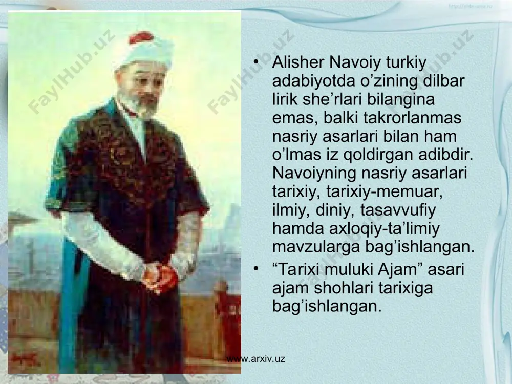 ’g’li dorobni ko’rgan zahoti ona qalbi bilan uning o’z farzandi ekanligini his qiladi va davlat boshqaruvini unga topshiradi. www.arxiv.uz www.arxiv.uz www.arxiv.uz www.arxiv.uz shuningdek, ashkoniylar tabaqasiga mansub bo’lgan 15 hukmdor hamda sosoniylarga mansub 29 podshoh haqida ham ma’lumotlar beriladi. asar, asosan, nasrda yozilgan bo’lib, deyarli har bir podshoh haqidagi ma’lumotdan so’ng a-a-b-b tarzida qofiyalangan va shoir tomonidan “she’r” deb nomlangan to’rtliklar keltirilgan. asar nihoyasida 50 baytdan iborat masnaviy berilgan bo’lib, u husayn boyqaroga bag’ishlangan. undagi ushbu misralar husayn boyqaroni shoh, darvesh va inson sifatida ulug’langanligini isbotlaydi: shaho keldi shahlig’ musallam sanga, ne shahlig’ki darveshlig’ ham sanga. desam aylayin vasfing oson emas, ki mingdin birin demak imkon emas. www.arxiv.uz www.arxiv.uz shuningdek, shoir ushbu masnaviyda husayn boyqaroga bag’ishlangan, uning tug’ilishidan to podshohlik damlarigacha bo’lgan davrini, sifatlarini tarannum qiluvchi bir asar yozish niyati borligini ham qayd etadi. asarning asosiy g’oyasi-odil podshohlarni maqtash va zamona hukmdorlarini ana shu podshohlardan namuna olishga chaqirishdir. navoiy tarixda shunday …