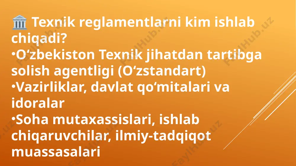 inalar va ehtiyot qismlarining texnik xavfsizlik talablarini belgilaydi. ⚙️ texnik reglament asosida qanday muvofiqlik nazorati o‘tkaziladi? sertifikatlashtirish – mustaqil laboratoriya mahsulotni tekshiradi. deklaratsiya – ishlab chiqaruvchi o‘zi mahsulotning talabga mosligini kafolatlaydi. yorliqlash – mahsulotda texnik reglamentga mos belgilar (masalan, “o‘zdst” belgisi) bo‘ladi. davlat nazorati – o‘zstandart va boshqa idoralar tomonidan reja asosida yoki reyd tariqasida tekshiruvlar o‘tkaziladi. 📦 texnik reglamentlar ishlab chiqaruvchiga qanday foyda beradi? ✅ raqobatda ustunlik ✅ eksport imkoniyati ✅ huquqiy muhofaza ✅ mahsulot sifatining kafolati ✅ bozorda ishonchli imidj e’tiboringiz uchun rahmat /docprops/thumbnail.jpeg