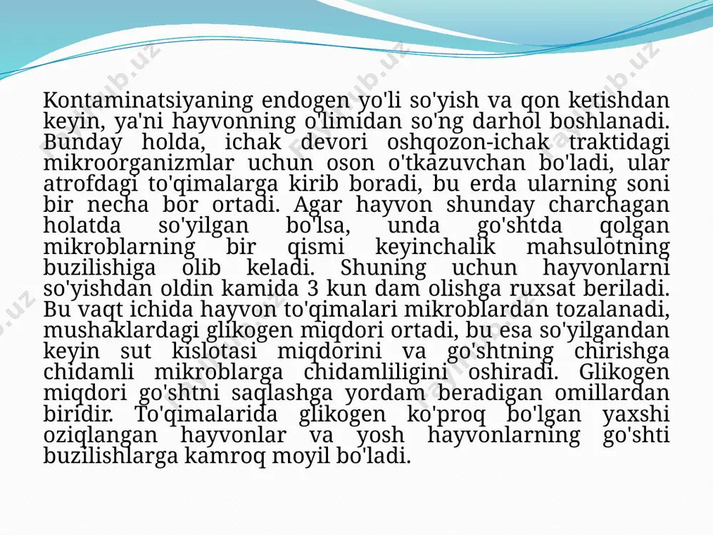 togen mikroblarning toksinlari hayvon organizmiga kirgan ekzotoksinlar darhol ta‘sir ko’rsatmay, muayyan inkubatsion davr – bir necha soat, bir sutkaga qadar va undan ortiq vaqtdan keyin ta‘sir etadi. ekzotoksinlarning turli kimyoviy zaharlardan muhim farqi ham shu. endotoksinlar ekzotoksinlardan farq qilib, qat‘iy spetsifik bo’lmaydi va organizmga kiritilgan taqdirda bosh og’rig’i, darmonsizlik, halloslash va shu kabi umumiy zaharlanish belgilarini yuzaga chiqaradi. endotoksinlar ekzotoksinlarga nisbatan chidamliroq; ba‘zi endotoksin­lar hatto qaynatishga ham chidaydi. endotoksinlar kimyoviy tarkibi bilan ham ekzotoksinlardan farq qiladi, chunki ular oqsil moddalardan emas, balki polisaxaridlar va lipoproteidlardan tuzilgan. endotoksinlarning organizm uchun zaharliligi ekzotoksinlarnikidan ancha kam. go'sht kimyoviy tarkibi tufayli yuqori ozuqaviy qiymatga ega. go'sht mikroorganizmlarning rivojlanishi uchun qulay muhitdir. go'shtning mikroblar bilan ifloslanishi uni qayta ishlash jarayonida sodir bo'ladi. hayvonning ichaklarida ko'plab mikroblar mavjud, ammo normal sharoitda sog'lom hayvonning ichak devori ular uchun o'tkazilmaydi, ammo zaiflashgan, kasal, uzoq vaqt och qolgan, temir yo'l orqali tashiladigan hayvonlarda ichak devori mikroorganizmlarni o'tkazuvchan bo'ladi. ular …