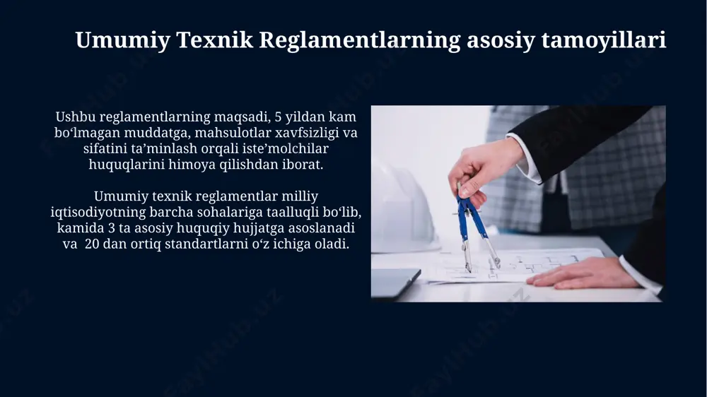 rat bo'lib, har bir bo'lim o'ziga xos texnik talablar va standartlarni belgilaydi. muhokama va savollar savollar va muhokamalar natijalarini 7 kun ichida rasmiy hisobot shaklida 3 nusxada taqdim etish zarur. texnik regulyatsiyalarni muhokama qilishda 20% vaqt standartlarga, 80% esa ularning amaliy qoʻllanilishiga bagʻishlanishi tavsiya etiladi. umumiy va maxsus reglamentlar o'rtasidagi farqlar umumiy reglamentlar barcha ishtirokchilarga, masalan, 1-kategoriyadan 3-kategoriyagacha bo'lgan avtomobillarga qo'llaniladi, maxsus reglamentlar esa faqat aniq bir toifadagi ishtirokchilar yoki shartlarga (masalan, faqat elektr avtomobillar uchun) tegishlidir. umumiy reglamentlar odatda xavfsizlik va texnik talablarga umumiy qoidalarni o'z ichiga oladi, maxsus reglamentlar esa ko'proq aniq, tor va muayyan texnik parametrlarga (masalan, dvigatel hajmi yoki quvvati bo'yicha cheklovlar) e'tibor qaratadi. e'tiboringiz uchun rahmat @taqdimot_robot image5.jpg image6.jpg image7.jpg image8.jpg image9.jpg image10.jpg image11.jpg image12.jpg image13.jpg image14.jpg image15.jpg image16.jpg image1.jpg