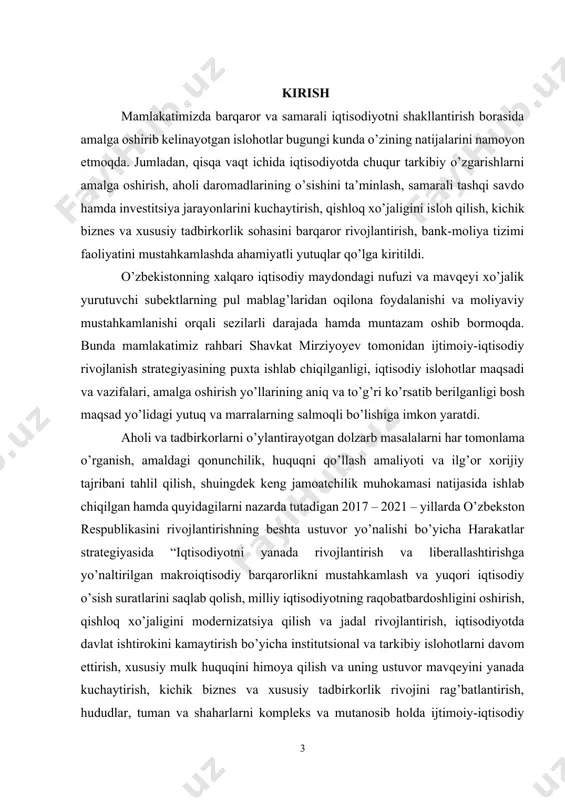 bo’yicha mavjud cheklovlar va tanlovlar o’tkazish amaliyoti ko’p hollarda insofsiz, shu jumladan narx borasida insofsiz raqobatni keltirib chiqaradi, buning oqibatida auditorlik xizmatlari sifati va auditorlik xulosalarining haqqoniyligi pasaymoqda; · uchinchidan, auditorlarni maxsus tayyorlash va ularning malakasini oshirishning amaldagi tizimi yuzaki tusga ega bo’lib, professional tayyorgarlikning va auditorlik xizmatlari sifatining zaruriy darajasini, shu jumladan auditorlik faoliyatining xalqaro standartlariga mosligini ta’minlamayapti, bu esa auditor kasbi nufuzining pasayishiga olib kelmoqda; · to’rtinchidan, auditorlik tashkilotlari ishi sifatini tashqi nazorat qilishning samarali tizimi mavjud emas, bu litsenziyalovchi organning huquqiy ta’sir choralari cheklangani sharoitida sifatsiz auditorlik xizmatlarini ko’rsatish hollariga va auditorlarning insofsiz xatti-harakatlariga nisbatan tezkor chora ko’rish imkonini bermayapti; · beshinchidan, auditorlik faoliyatining milliy standartlari umume’tirof etilgan xalqaro audit standartlariga to’liq mos emas, bu esa xorijiy investorlarda mahalliy korxonalar moliyaviy hisobotlarining haqqoniyligini tushunish ko’nikmasining shakllanishini ta’minlamayapti. auditorlik xizmatlari bozorining rivojlanishi uchun sharoitlarni yanada yaxshilash va auditorlik faoliyatini tartibga solishda xalqaro standartlarga muvofiq zamonaviy yondashuvlarni joriy etish …