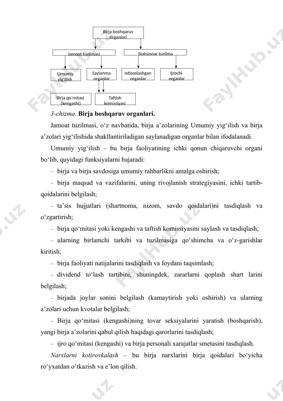 ning eng muhim funksiyalaridan biri birja narxlarini to‘plash va ro‘yxatga olish, keyinchalik ularni umumlashtirish va e’lon qilish, mijozlarga va turli manfaatdor tashkilotlarga, xalqaro bozorga namunalar bo‘yicha va yuzaga kelgan birja standartlari asosida mavjud tovarlar haqida axborot berish hisoblanadi. bu ma’lumotlar gazeta, jurnal, axborot agentliklarida e’lon qilinadi. foydalanilgan adabiyotlar: 1. o‘zbekiston respublikasi konstitusiyasi. – t.: o‘zbekiston, 2001. 2. o‘zbekiston respublikasining «ta’lim to‘g‘risida»gi qonuni – t.: o‘zbekiston, 1998. 3. «davlat tasarrufidan chiqarish va xususiylashtirish to‘g‘risida» o‘zbekiston respublikasi qonuni. 1991-yil 19-noyabrda qabul qilingan. 4. «aksiyadorlik jamiyatlari va aksiyadorlar huquqlarini himoyalash to‘g‘risida»gi o‘zbekiston respublikasi qonuni, 1996-yil 26-aprelda qabul qilingan. 5. «birjalar va birja faoliyati to‘g‘risida»gi o‘zbekiston respublikasi qonuni, 2001-yil 29-avgust. 1-260-11. 6. «qimmatli qog‘ozlar bozori to‘g‘risida»gi o‘zbekiston respublikasi qonuni, 2008-yil 22-iyulda qabul qilingan. birjaning institutsional tuzilmasi birjaning ta’sischi va a’zolari birjaning boshqaruv organlari birjaning statsionar tuzilmasi birjaning jamoat tuzilmasi birja boshqaruv organlari jamoat tuzilmasi statsionar tuzilma umumiy yig‘ilish saylanma organlar ixtisoslashgan organlar ijrochi organlar …