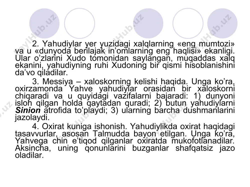 rda hindistonda buddizm dini vujudga keldi. u braxmanizmdagi bir necha jihatlarni qabul qilgan bo’lsada, kasta ta’limotini inkor etdi. o’sha davrda hindistondagi kasta tuzumini saqlab qolishga, braxmanizm dinini isloh qilib, qayta tiklashga harakat boshlandi. bu harakat braxmanizm bilan buddizm o’rtasidagi kurashni ifodalovchi hinduizm edi. braxmanlikda tan olingan uch asosiy hudo braxma vishnu shiva hinduizm asosan, hindistonda tarqalgan bo’lib, mamlakat aholisining 83%, ya’ni 650 mln. kishi shu dinga e’tiqod qiladi. hinduizm e’tiqod qiluvchilar soni jihatidan jahonda uchinchi o’rinda turadi. barcha hinduistlarning soni 700 mln.ni tashkil etadi. yirik jamoalar bangladeshda (12 mln.), indoneziyada (3,6 mln.), shri lankada (3 mln.), pokistonda (1,5 mln.), malayziyada (1 mln.), aqshda (0,5 mln.), butanda (0,3 mln.) mavjud. hinduizm uni qabul qilmoqchi bo’lganlarga qo’yadigan birinchi va asosiy shart hindistondagi kasta tuzumini qabul qilishdir. diniy qorishma sifatida hinduizm oriylargacha bo’lgan dinlar, hind-skif jamoalarining ibtidoiy diniy tasavvurlarini va qadimgi braxmanlarning buddizm bilan aralashgan qadimiy urf-odatlarini o’zida mujassam qilgan. hinduizmda trimurti (uchlik) …