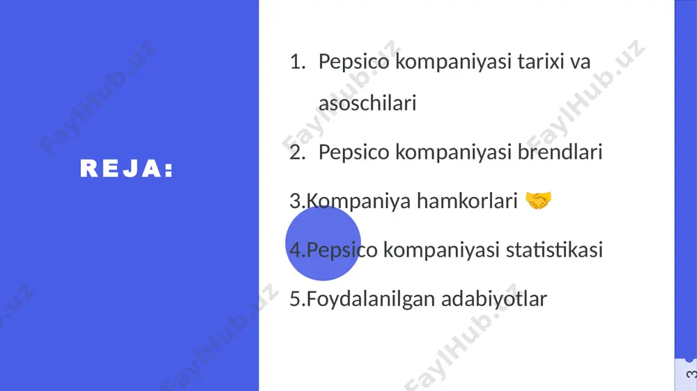i global miqyosda yetkazib berish uchun turli kompaniyalar va tashkilotlar bilan hamkorlik qiladi. ushbu hamkorliklar kompaniyaga innovatsiyalar kiritish, logistika jarayonlarini samaraliroq qilish va barqaror rivojlanishni qo‘llab-quvvatlash imkonini beradi. quyida pepsico kompaniyasining asosiy hamkorlari haqida ma'lumot berilgan: starbucks hamkorlikning mohiyati: pepsico va starbucks 1994-yilda hamkorlik qilishni boshlagan. ular starbucks brendi ostidagi shishali qahvalarni birgalikda ishlab chiqarib va tarqatib kelmoqda. mahsulotlar: starbucks frappuccino, doubleshot, va nitro cold brew kabi shishali qahvalar. hajmi va ta’siri: ushbu hamkorlik global miqyosda starbucks mahsulotlarini tarqatishga imkon yaratadi va gazlanmagan ichimliklar segmentida pepsico’ning pozitsiyasini kuchaytiradi. 11 beyond meat hamkorlikning mohiyati: 2021-yilda pepsico va o‘suvchi o‘simlik asosidagi mahsulotlar ishlab chiqaruvchi beyond meat kompaniyasi bilan birgalikda planet partnership nomli qo‘shma korxona tashkil etildi. mahsulotlar: o'simlik asosidagi go‘sht o‘rnini bosuvchi mahsulotlar va atıştırmalıklar ishlab chiqarish. hajmi va ta’siri: ushbu hamkorlik pepsico’ning sog‘lom oziq-ovqat segmentida o‘sishini ta’minlaydi va atrof-muhitga kam zarar keltiradigan mahsulotlarni yaratishga yordam beradi. unilever hamkorlikning mohiyati: pepsico va …