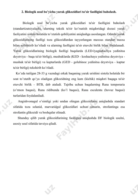 oksin, sеlanid, strofantin k ga o’xshash ularning ayrim prеparatlari ham ho’llaniladi. 4. adabiyotlar 1. "o'simlikdan olingan yurak glikozidlari: yurak kasalliklari va saraton kasalligini davolashdagi roli". biotibbiyot va farmakoterapiya. 84: 1036–1041. 2016. 2. ambrosy ap, butler j, ahmad a, vaduganathan m, van veldhuisen dj, colucci ws, gheorghiade m (2014 yil may). "surunkali yurak etishmovchiligi yomonlashgan bemorlarda digoksinni qo'llash: kasalxonaga yotqizishni kamaytirish uchun eski dorini qayta ko'rib chiqish" . amerika kardiologiya kolleji jurnali . 63 (18): 1823–1832. 2014 3. riganti c, campia i, kopecka j, gazzano e, doublier s, aldieri e va boshqalar. (2011-01-01). "yurak glikozidlarining pleiotropik ta'siri". hozirgi tibbiy kimyo . 18 (6): 872–885..