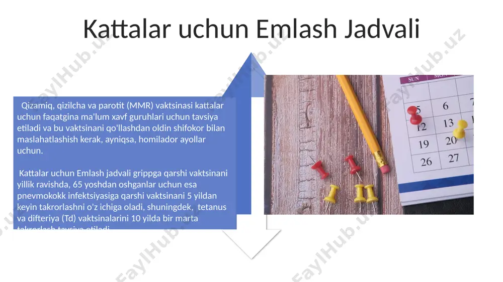 in 1-2 kun ichida 38°c dan yuqori harorat ko'tarilishi, shuningdek, yallig'lanish belgilarining kuchayishi kuzatilishi mumkin. ba'zi hollarda, emlash joyida 7 kun davom etadigan og'riq, qizarish yoki shish paydo bo'lishi mumkin, bu odatda yengil va o'z-o'zidan yo'qoladi. emlashning mumkin bo'lgan yon ta'siri emlashdan so'ng 10% hollarda engil isitma (37.5-38°c) kuzatilishi mumkin, bu odatda 1-2 kun ichida o'z-o'zidan yo'qoladi. kamdan-kam hollarda (1% dan kam), allergik reaksiyalar, masalan, qattiq toshma, nafas olish qiyinlashishi yoki anafilaksiya kabi jiddiy yon ta'sirlar kuzatilishi mumkin. homiladorlik va emlash qizamiq, qizilcha va parotitga qarshi mmr emlashi homiladorlikdan oldin olingan bo'lishi kerak, chunki bu kasalliklar homila uchun juda xavfli bo'lishi mumkin. grippga qarshi emlash homilador ayollar uchun, ayniqsa, influenza mavsumida (odatda kuz-qish oylarida) tavsiya etiladi, lekin faqat shifokor nazorati ostida va individual baholashdan so'ng. e'tiboringiz uchun rahmat @taqdimot_robot image4.jpg image5.jpg image6.jpg image7.jpg image8.jpg image9.jpg image10.jpg image11.jpg image12.jpg image13.jpg image14.jpg image15.jpg image16.jpg image17.jpg image3.png image18.jpg image19.jpg image20.jpg image1.jpeg image2.jpeg