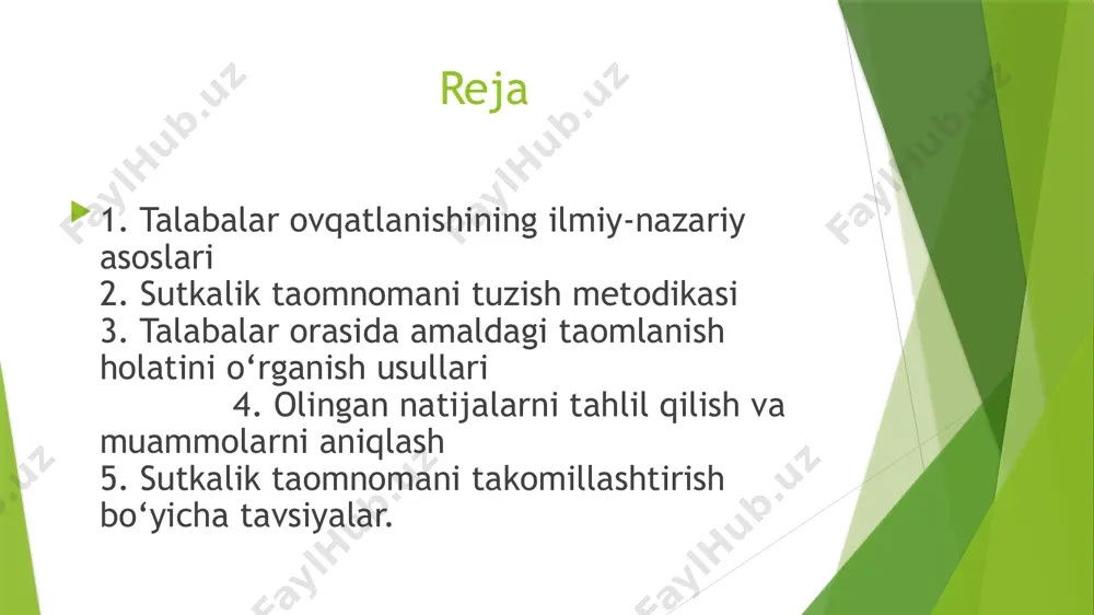 rov natijasida odatiy ovqatlanish modeli yuzaga chiqadi. tahlil natijalariga ko‘ra, aksariyat talabalar ovqatlanish rejimiga to‘liq amal qilmasliklari, nonushtani muntazam iste’mol qilmasliklari va kechki ovqatni kech soatlarda tanovul qilishlari aniqlandi. bu esa organizmda moddalar almashinuvi buzilishi, ortiqcha vazn yoki kuchsizlanish holatlarini yuzaga keltiradi. shu bilan birga, ko‘plab talabalar tez tayyor ovqatlar – fast food, shirin gazli ichimliklar, chips kabi mahsulotlarni ko‘p iste’mol qilishi kuzatildi. statistik tahlillar shuni ko‘rsatadiki, talabalar ovqatlanishida iqtisodiy imkoniyatlar katta rol o‘ynaydi. ko‘pchilik arzon, biroq foydali emas ovqatlarni tanlashga majbur bo‘ladi. shuningdek, ovqat pishirish uchun vaqt va sharoitning cheklanganligi ham noto‘g‘ri ovqatlanishga sabab bo‘lmoqda. o‘rganishlar va tahlillar shuni ko‘rsatadiki, talabalar orasida ovqatlanish madaniyati va sutkalik taomnomaga rioya qilish holati yetarli darajada emas. shu sababli ularning sog‘lig‘ini saqlash, aqliy va jismoniy faollikni ta’minlash maqsadida mavjud taomnomani takomillashtirish bo‘yicha aniq va ilmiy asoslangan tavsiyalar ishlab chiqish zarur. bu tavsiyalar individual hamda umumiy sog‘lom ovqatlanish tamoyillariga asoslanadi. sutkalik taomnoma organizm ehtiyojiga …