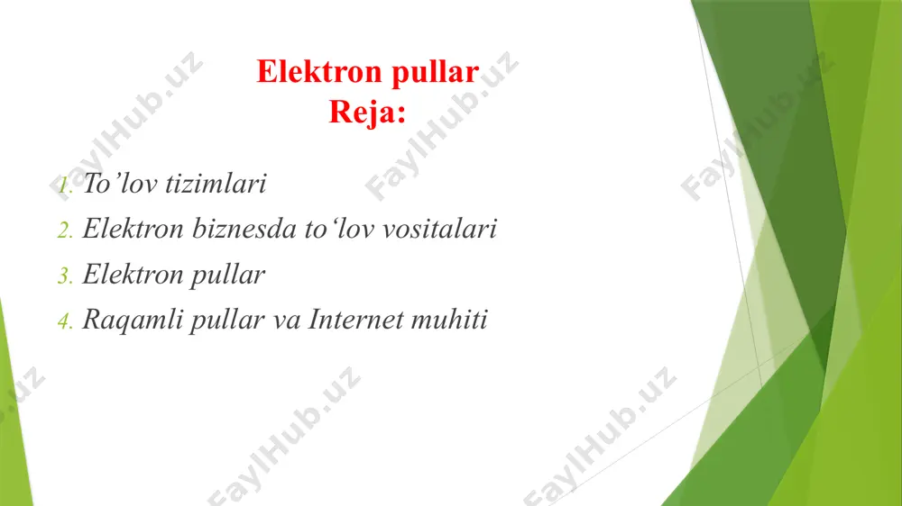dagi bank yoki moliya institutining kafolatiga ega bo’ldi. aynan shu davrda dasturiy paketlar shakllangan. elektron pullar 2010-yillarda yangi bitcoin nomli piring (ingl. peer-to-peer, p2p – tengma-teng) pul tizimi yaratildi. bunda r2r texnologiyasi qo’llaniladigan, nazoratchi organ, markaziy bank yoki pressing markazlar aralashmagan, tranzaktsiya va pul emissiyasi tarmoq ishtirokchilari tomonidan amalga oshiriladigan jamoaviy harakat sodir etiladi. bu kriptovalyutaning odatiy elektron puldan yana bir farqli jihati shundaki, u birorta ham mamlakat valyuta tizimiga bog’lanmagan. elektron pullar hozirgi kunda elektron pul tizimlari naqdsiz pulni muomala qilishning eng ommabop turiga aylandi. yirik davlatlar butun dunyoga tarqalgan va ommaviy tusga ega bo’lgan elektron pul muomolasi bilan bog’liq bank kartalarni chiqarishgan.dunyodagi eng mashhur, kredit va debet bank kartalari bilan ishlaydigan tizimlar bu: visa, mastercard, visa electron va maestrodir. bundan boshqa kartalar bilan ishlaydigan bir qancha tizimlar ham mavjud albatta, faqat ular qamrab olgan amal qilish doirasi nisbatan torroq. elektron pullar qo’shimcha qilish joizki, visa kartalari bo’yicha yillik …