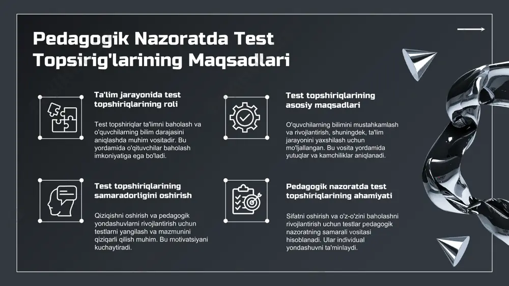 , mavzu va kontekstga moslik, talabalar uchun foydalilik va takroriylik. bu elementlar testning samaradorligini oshiradi va o'quvchilarning bilimini to'g'ri baholashga yordam beradi. photo by pavel neznanov on unsplash https://unsplash.com/@npi?utm_source=ai_slide_maker&utm_medium=referral https://unsplash.com/photos/brown-concrete-building-under-white-sky-during-daytime-papqzrs5l58?utm_source=ai_slide_maker&utm_medium=referral xulosa pedagogik nazoratda test topshiriqlarini ishlab chiqish ta'lim sifatini oshirishda muhimdir. to'g'ri dizayn va metodologiya ta'lim jarayoniga mos bo'lib, motivatsiyani oshiradi. innovatsiyalarni joriy etish ta'limni rivojlantirish uchun muhimdir. yaxshi ishlab chiqilgan testlar motivatsiya va baholash jarayonini samarali qiladi. innovatsiyalar va yangi texnologiyalarni qo'llash ta'lim sifatini sezilarli darajada oshiradi. kelajakda, bu yondashuvlarni takomillashtirish muhimdir. foydalanilgan adabiyotlar 1. olimov, u. a. pedagogik nazorat va baholash metodlari. toshkent davlat universiteti nashriyoti, 2018. 2. sa'dullaeva, s. test tuzish va baholashning zamonaviy usullari. o'qituvchi va murabbiy, 2020. 3. qodirov, g. test ishlab chiqish metodologiyasi. o'zbekiston milliy universiteti, 2019. 4. islomov, m. ta'limda testlar va baholash texnologiyalari. toshkent: innovatsion pedagogik texnologiyalar markazi, 2021. 5. rahimov, a. pedagogik nazorat va testlarni dizayn qilish prinsiplari. o'zbekiston respublikasi ta'lim …