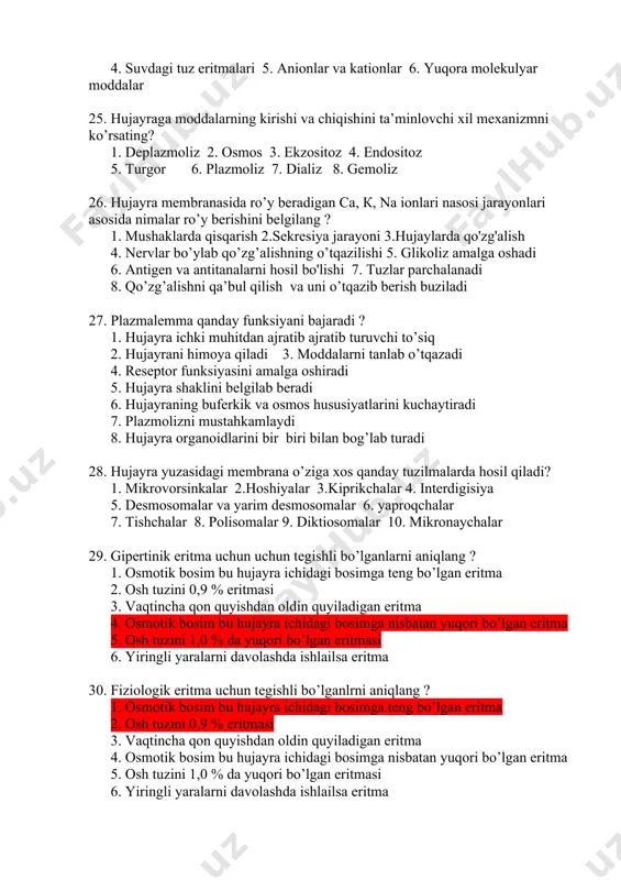 alarni sanab bering ? 1. hujayrani atrofi muhitdan ajrattib turish 2. o’zidan suvni, ionlarni hamda kerakli moddalarni o’tkazish 3. тashqi signallarni qa’bul qilish (рreseptorlik) 4. тanlab o’kazuvchanlik 5. boshqa hujayralar bilan munosabatda bo’lish 6. hujayrada antogonistik jarayonlarni bir vaqtda kechishini ta’minlash 7. sintez va katalizda ishtirok etishi 8. hujayra bo’linishida ishtirok etishi 9. metabolik jarayonlarni boshqarishi 10. krebs siklini amalga oshishida ishtirok etishi 24. faol bo’lmagan transport jarayoni yo’li bilan memrana orqali o’tadigan moddalarni ko’rsating 1. suv 2. ionlar 3. past molekulyar moddalar 4. suvdagi tuz eritmalari 5. аnionlar va kationlar 6. yuqora molekulyar moddalar 25. hujayraga moddalarning kirishi va chiqishini ta’minlovchi xil mexanizmni ko’rsating? 1. deplazmoliz 2. оsmos 3. ekzositoz 4. endositoz 5. turgor 6. plazmoliz 7. dializ 8. gemoliz 26. hujayra membranasida ro’y beradigan са, к, nа ionlari nasosi jarayonlari asosida nimalar ro’y berishini belgilang ? 1. mushaklarda qisqarish 2.sekresiya jarayoni 3.hujaylarda qo'zg'alish 4. nervlar bo’ylab qo’zg’alishning o’tqazilishi …