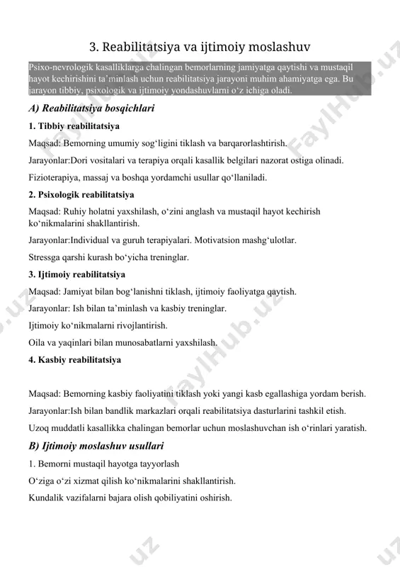 ashish va moliyaviy mustaqillikka erishish bemorni kasbga yo‘naltirish. yangi ish joylariga moslashish jarayonini osonlashtirish. c) reabilitatsiya markazlarining roli 1. maxsus markazlarda reabilitatsiya sanatoriyalar va reabilitatsiya muassasalarida uzoq muddatli davolanish. individual terapiya dasturlarini ishlab chiqish. 2. uy sharoitida reabilitatsiya bemorga mustaqil hayot kechirish uchun maxsus dasturlar. telemeditsina va masofaviy psixologik qo‘llab-quvvatlash. xulosa reabilitatsiya va ijtimoiy moslashuv jarayoni psixo-nevrologik kasalliklarga chalingan bemorlarning sog‘ayishida katta ahamiyatga ega. to‘g‘ri yondashuv orqali ularning mustaqil hayot kechirishiga va jamiyatda o‘z o‘rnini topishiga yordam berish mumkin. 4. favqulodda holatlarda psixo-nevrologik yordam favqulodda vaziyatlarda (o‘tkir ruhiy buzilishlar, og‘ir depressiya, intihar xavfi va boshqalar) tezkor va samarali psixo-nevrologik yordam ko‘rsatish muhim ahamiyatga ega. bunday holatlarda bemorning hayotini saqlab qolish va uning ruhiy holatini barqarorlashtirish asosiy maqsaddir. a) favqulodda psixologik holatlar va ularning belgilari 1. o‘tkir psixotik buzilishlar belgilari:haqiqatdan ajralish (gallyutsinatsiyalar, sanrilar). hushyorlik va xulq-atvorda keskin o‘zgarishlar. agitatsiya (bezovtalik, agressivlik). yordam choralari:bemorni xavfli harakatlardan cheklash. darhol tibbiy yordam chaqirish. tinchtirish …