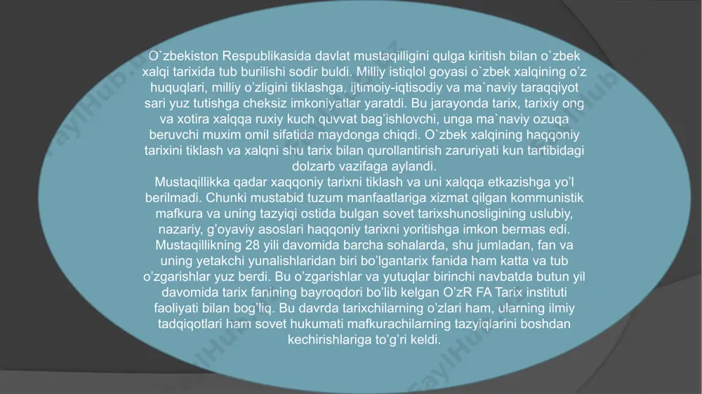 ng tarixi, etnogenezi, moddiy va ma’naviy madaniyatini o’rganishga katta hissa qo’shgan. institut faoliyatidagi tub o’zgarishlar o’zbekiston mustaqillika erishgach amalga oshirilgan. mustaqillikning dastlabki yillaridanoq institut xodimlari sovet davrida tariximizning o’rganilmagan yoki buzib talqin etilgan jabhalariga katta e’tibor qarata boshlashdi. o’zbekiston tarixining ko’plab muammolari o’zining xolisona baxosini oldi. o’zbekiston hukmati respublikаda tarix fanining rivojlanishi uchun kerakli sharoitlarni yaratdi va moddiy-texnik yordamni ko’rsatdi. hozirda institut tarkibida quyidagi bo’limlar faoliyat yuritmoqda: qadimgi va o’rta asrlar davri tarixi, xix asrning ikkinchi yarmi – xx asr boshlari o’zbekiston tarixi, tarixshunoslik, manbashunoslik va tarixiy tadqiqotlar usullari, etnologiya va antropologiya; yangi va eng yangi davr tarixi bo’limi. yangi nashrlar yaratilgan: “o‘zbekiston tarixi” maxsus tarixiy jurnali, ilmiy nashrlarning davriy to’plamlari, “o’zbekiston tarixining yangi sahifalari” ilmiy-ommabop risolalar seriyasi. institut respublikada ilmiy tadqiqotlarni muvofiqlashtiruvchi va yuqori malakali ilmiy kadrlarni tayyorlovchi markaz hisoblanadi. o’zbekiston tarixining zamonaviy metodologiyasi tamoillari tarixiylik, xolislik, milliy va umuminsoniy manfaatlardir. tarixiy o’tmishni tiklashga avvallari noma’lum yoki yopiq bo’lgan …