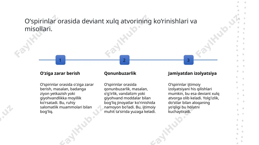 o'zini qadrlash va stress darajasi deviant xulqni rivojlantirishda muhim rol o'ynaydi. har bir shaxsning tajribasi farq qiladi. 03 do'stlik va bosim oʻspirinlar o'rtasidagi do'stlik va guruh bosimi deviant xulq atvorini kuchaytirishi mumkin. o‘zgalar tomonidan qabul qilinish istagi, noto'g'ri yo'llarga olib kelishi mumkin. 04 madaniy ta'sir o‘zbekiston madaniyati va an'analari deviant xulq atvorni tushunishda muhim omildir. mahalliy qadriyatlar va urf-odatlar, yoshlarning xulq-atvoriga ta'sir qiladi. xulosa oʻspirinlik davrida deviant xulq atvor oʻspirinlik davrida deviant xulq atvor, o'spirinlarning shaxsiyati, ijtimoiy muhit va madaniyat ta'siri natijasida shakllanadi. bu davrda ijtimoiy normativlar muhim rol o'ynaydi. madaniyat va deviant xulq madaniy o'zgarishlar, o'spirinlarning deviant xulq atvori shakllanishida muhim omil hisoblanadi. madaniy normativlar, an'analar va qadriyatlar yoshlarning xulqini belgilaydi. psixologik va ijtimoiy omillar psixologik faktorlar, masalan, o'z-o'zini qadrlash, ijtimoiy muhit bilan birga o'spirinlarning deviant xulq atvorini belgilaydi. bu omillar, o'zaro bog'liq ravishda ta'sir ko'rsatadi. e'tiboringiz uchun rahmat! /docprops/thumbnail.jpeg