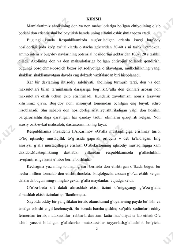 biri bo’lib hisoblanadi. asosiy qism 2.1 donning anatomik xususiyatlari va kimyoviy tarkibining texnologik ahamiyati unbop va yormabop ekinlar doni murakkab tuzilishga va o’zining anatomik qismlari tuzilishiga, tashqi ko’rinishda esa – har bir ekin guruhiga xos shakliga ega. donning anatomik xususiyati uning texnologik potentsialini shakllantirishda, shuningdek tegirmon va yorma zavodlarida texnologik jarayonni tashkil qilish va boshqarish sistemasida sezilarli rol o’ynadi. anatomik qismlar massasining nisbati donni qayta ishlashda mahsulotlar potentsial chiqishini belgilaydi. yormabop ekinlarda gul qobig`ining mavjudligi texnologik operatsiyalarda qobiq ajratishni tashkil qilishni talab qiladi. navli un tortishda bug`doy, javdar, tritikale donlarining ichkarisiga chuqur kirib brogan jo’yakchasi uning mag`zining kraxmalli qismini tanlab yanchish vazifasini qiyinlashtiradi. gul qobiqlar, qobiqlar, aleyron qatlam kataklari tuzilishi aniq axamiyatga ega. ko’p sonli ilmiy ishlar natijasi shuni ko’rsatadiki, donning navi, yirikligi va boshqa omillardan bog`liq holda donning anatomik qismlari massasining nisbati o’zgarib turadi. masalan, bug`doy donida mag`zning kraxmalli qismi tarkibi turli turkumlarda 8 % ga – 85-75 % …