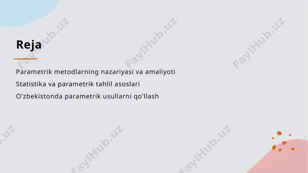bu usullar tadqiqotlar va amaliyotlarda samarali foydalanishga yordam beradi. statistika asoslari: parametrik tahlilning o'rni va ahamiyati. 01 parametrik tahlil asoslari parametrik tahlil, statistik modellarni yaratishda parametrlar orqali ma'lumotlarni tahlil qilishni ta'minlaydi. bu usul, taqsimotlar va ularning xarakteristikalarini aniqlashda muhimdir. 02 parametrik tahlil foydalari parametrik tahlil, ma'lumotlarni samarali ishlashga imkon beradi va aniqlikni oshiradi. u statistik xulosalar chiqarishda ishonchli natijalarni taqdim etadi. 03 parametrik metodlar misollari misollar orasida, regressiya tahlili va anova mavjud. bu metodlar, o'zgaruvchilar o'rtasidagi bog'lanishlarni aniqlashda keng qo'llaniladi. 04 o'zbekistondagi ahamiyati o'zbekistonda parametrik tahlil usullari, iqtisodiy va ijtimoiy tadqiqotlar uchun muhimdir. ular, ilmiy izlanishlarda ishonchli natijalar taqdim etadi. parametrik tahlil va uning statistik modellar bilan bog'liqligi. 1 parametrik tahlil asoslari parametrik tahlil statistik modellarni yaratishda muhimdir. bu metodlar parametrlar yordamida ma'lumotlarni tahlil qilib, natijalarni ishonchli va aniq ko'rsatadi. 2 statistik modellar va parametrlar statistik modellar parametrik tahlil orqali ishlab chiqiladi. ular parametrlar yordamida ma'lumotlarni ifodalash va bashorat qilishda …