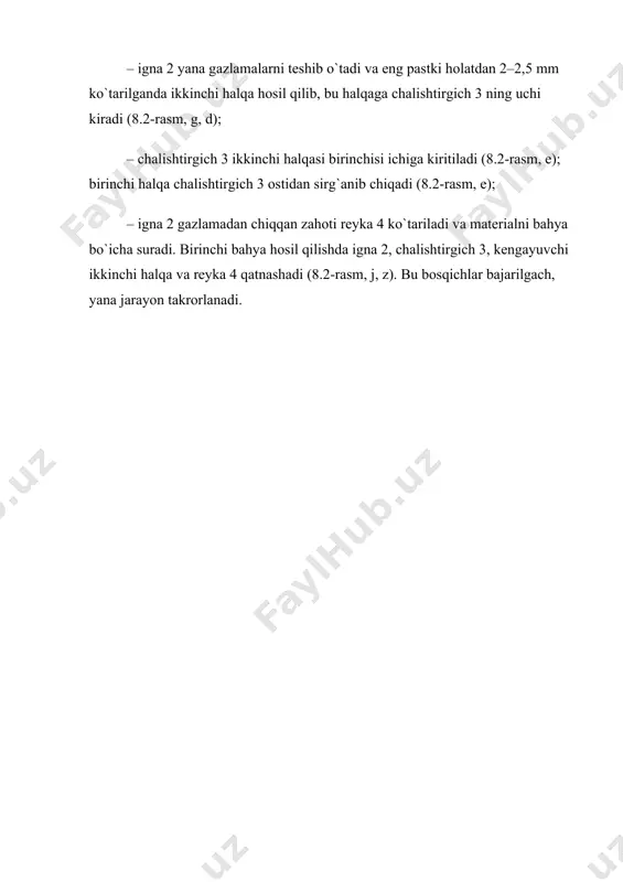 622 rusumli tikuv mashinasi «orsha» yengil mashinasozlik firmasining 1622 rusumli tikuv mashinasi ust kiyim bichigi detallarida ikki ipdan solqi halqali bir ipli zanjirsimon chalishishdagidek bitta nusxalama bahyaqator yuritib tikishga mo`ljallangan. mashina bosh valining aylanish chastotasi 1000 ayl/mingacha, bir tomondagi solqi uchlari oralig`i 6 mm dan 12 mm gacha, solqining uzunligi kamida 4 mm. materiallarning tepki tagida qisilgan holatdagi maksimal qalinligi 5 mm. elektr yuritgichining quvvati 0,25 kvt. ignalar 0277 № 90, 100. ayl/min. 1622 rusumli tikuv mashinasi ustki krivoship polzunli igna, gazlamani surish, reykani gorizontal surish uzeli bilan kinematik bog`langan ikkinchi ostki igna va halqalarni cho`zadigan chalishtirgich mexanizmlaridan tuzilgan. ignalar ayni vaqtda ip uzatgich vazifasini ham bajaradi. nusxalama bahyaqator hosil qilish jarayoni. nusxalama bahyaqator hosil qilish jarayonida ustki igna, ustki chalishtirgich, ostki igna, chalishtirgich, reyka va tepki qatnashadi. ustki igna pastga tusha borib, materiallarni teshib o`tadi; ostki ignaning halqasini ustki chalishtirgich materiallardan yuqorida tutib turadi. reyka salt yurib, tikuvchi tomonga …