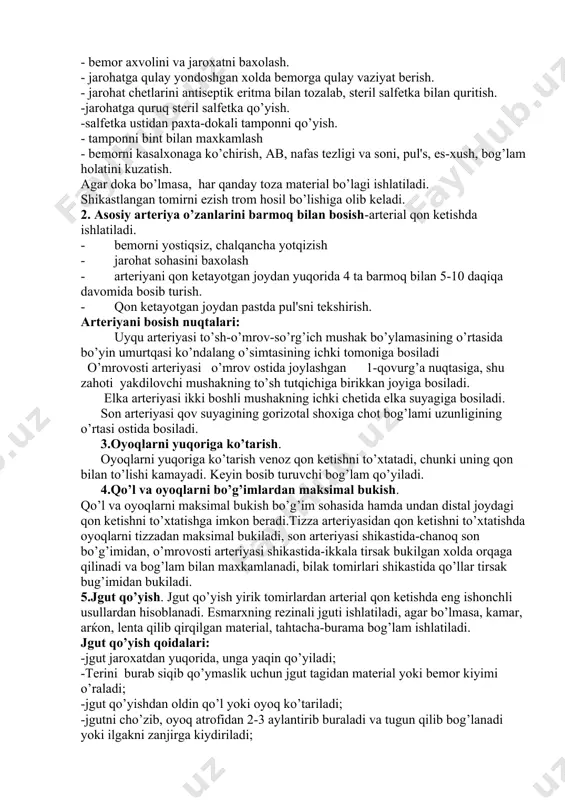 agi tomirlarda pulsning yo’qolishi, sianoz yoki ishеmiya bеlgi lari —tеrining oqarish i va sovib qoli sh i uchraydi. bеmorlar kuchli og’riqdan shikoyat qiladilar. ushlab ko’rilganda agar qon suyuqbo’lsa, qon jimirlash simptomi, agar gеmatoma bo’shligiga biror yirik artеriya ochilsa, pulsatsiyami anikdash mumkin. kupincha to’qimalararo gеmatomadar oyoq-qo’llarning magistral qon tomirlari shikastlanganda hosil bo’ladi. hosil bo’lgan gеmatoma vеnalarni va shikastlanmagan artеriyalarni qisib qo’yadi va bunga o’z vaqtida xirurgik yordam ko’rsatilmasa, ba'zan oyoq yo ki qo’lda ishеmik gangrеna rivojlanishi mumkin. 1-rasm. a)arteriyadan; b)venadan qon ketishi. qon to’xtatish usullari. qon kеtishni davolash qon kеtishni to’xtatishga qaratilgan fizikaviy (mеxanik, tеrmik), biologik va dori vositalari yordamida amalga oshiriladi. u vaqtinchalik va batamom bo’lishi fmumkin. (1.) vaqtinchalik qon to’xtatish usullari. - jgut bog’lash-standart, matеrialdan, improvizasiyalangan; - bosib turuvchi bog’lam qo’yish; - qo’l va oyoqlarni bo’g’imlardan maksimal bukish; - jarohatni tamponada qilish; - tomir bo’ylab bosib turish; - tomirlarni barmoq bilan bosib turish; - tomirlarga qisqichlar qo’yish. 1 vaqtinchalik …
