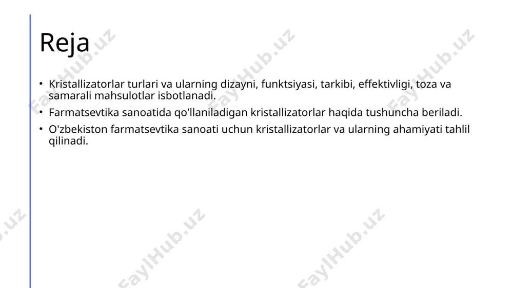 ika sanoatidagi ahamiyati 1 tarkibning o'ziga xosligi - farmatsevtika sanoatida ishlatilayotgan tarkibiy elementlar mahsulotning samarali va toza bo'lishida katta ahamiyatga ega. 2 sanoatdagi o'ziga xos uslub - farmatsevtika sanoatida tarkibning o'ziga xos uslubi, isbotlanishi va standartlari mahsulot sifatini ta'minlashda juda muhimdir. 3 o'zlashtirilgan farmatsevtika mahsulotlar - farmatsevtika sanoatida tarkibning o'zlashtirilishi, toza va samarali mahsulotlar isbotlanishida katta ahamiyatga ega. kristallizatorlar turlari va ularning dizayni va funktsiyasi kristallizatorlar farmatsevtika sanoatida katta ahamiyatga ega. ular dizayni va funktsiyasi dori ila davlatilgan. bu slaydda turli kristallizatorlar haqida tafsilotlar beriladi. photo by national cancer institute on unsplash kristallizatorlar turlari va ularning dizayni turlar dizayn funksiyasi kristallizatorlar turlari oʻzaro farqlanishlar boʻyicha tartiblangan va ularning dizayni uslubiy ravishda belgilangan. kristallizator dizayni mahsulot turi va zamonaviy tekhnologiyalar boyicha belgilanib, samarali va toza mahsulotlar ishlab chiqarishni taʼminlaydi. kristallizatorning asosiy vazifasi - toza va samarali mahsulotlar ishlab chiqarish jarayonida turli turlardagi kristallarini yaratish va ularning tarkibini belgilash. kristallizatorlar funktsiyasi va …