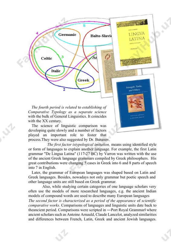 an three hundred years ago‖. comparative typology that dealt with comparing of language units and languages that did not share common root language played an important role in the emerging and developing of this subject. comparison of structural languages that were not substantial also was crucial in the development of comparativetypology. the third factor is the least common factor, which deals with studying unknown lang uag es and languages that do not have awriting system. recently, an enormous bulk of researches has been done on languages in latin america, asia, africa, australia, oceania and eurasia that do not have awriting system. studying these languages have influenced by comparing them to indo-european languages and these investigations have influenced on typology greatly. previous researches focused on genetic relation but new researches are focusing on morphological similarities, classification, and other points. the fourth factor is theinfluence of the translation and translation science. translation …