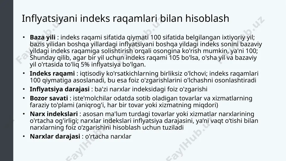 0 2,4 2,0 0,4 0,9 - go'sht, parranda va baliq goshti -2,2 0,0 2,1 0,9 0,4 1,2 - sut mahsulotlari 1,3 1,0 2,8 3,2 0,5 1,6 - tuxum 5,0 3,9 4,2 1,3 3,0 3,5 - yog ' va moylar 0,0 0,8 1,6 1,6 0,1 2,2 - meva va sabzavotlar 11,4 11,2 8,0 8,3 3,9 7,3 - shakar, choy, qandolat va boshqa oziq-ovqat mahsulotlari 2,1 0,6 1,2 1,2 0,2 1,4 - alkogolsiz ichimliklar 0,0 0,0 0,0 0,0 0,1 0,4 - manba: https://stat.uz/uz/rasmiy-statistika/prices-and-indexes-2 iste'mol narxlari indeksining kamchiliklari yashash narxining ko'rsatkichi sifatida asosiy inflyatsiya indeksi energiya va oziq-ovqat narxlari kabi o'zgaruvchan iqtisodiy komponentlarni hisobga olmaganda cpi versiyasi: sifatning yaxshilanishi/yangi tovarlarning tarafkashligi : vaqt o'tishi bilan tovarlarning sifati yaxshilangani va yangi tovarlar ixtiro qilingani sayin, bu tovarlarning narxlari tabiiy ravishda oshib boradi va ularning qiymatini aks ettiradi; natijada cpi yashash narxini oshirib yuboradi, chunki u o'lchagan narxlarning ba'zi o'sishi xarajatlarni emas, balki qiymatning oshishini …