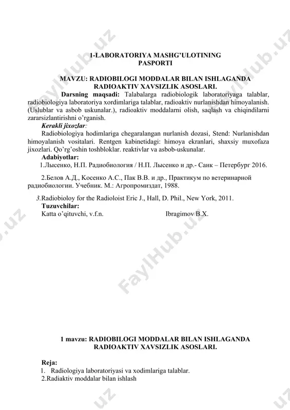lar laboratoriyada joylanishi bog’liqdir. 2. 1 sinif laboratoriyalar aholi yashaydigan joylarda va yaqinlarida qurilishi man etiladi. 3. veterinariya laboratoriyalari imoratlari aloxida quriladi yoki birinchi qavatda, kirish eshigi aloxida bo’lishi shart. laboratoriya ichki tuzilishi bo’yicha uch zonaga bo’linadi: 1. toza zona. 2.shartli toza zona. 3. kir zona. toza zonaga qaysi xolatda bo’lmasin radioaktiv moddalar kirgizilishi man etiladi. (devonxona, buxgalteriya, v. x.k. bo’ladi.) shartli toza zonada radioaktiv moddalarni namunalarini radiometryyasi o’tkaziladi (qabul qilish va taqsimlash o’tkaziladi). kir zonada radioaktiv moddalarni saqlash , tekshirishlarga tayyorlash va tekshirish o’tkaziladi. anjomlar va ichki mebellar usti silliq, konstruksiyasi oddiy va nam tortmaydigan bo’lishi kerak. tuzilishi oddiy mebel man etiladi. xonalardagi mebel, anjomlar, instrumentlar, asbob uskunalar bir xonaga berkitiladi. ularni bir xonadan ikkinchi xonaga o’tkazish faqat radiometrik tekshirishlardan keyin-nurlanish darajasi normada bo’lganidan keyin o’tkazish mumkin. devorlar 2 metrgacha yog’li bo’yoqlar bilan bo’yaladi. eshik va dereza qirralari dumaloqliroq bo’lishi shart. dezaktivasiya effekti uchun pollar silliq, yengil yuviladigan bo’lishi …