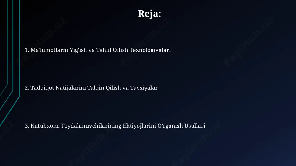 tativ ma'lumotlarni tahlil qilish usullari, masalan, tematik tahlil, fokus-guruhlar va individual suhbatlar natijalarini umumlashtirish va kutubxona ehtiyojlarini aniqlashda muhim ahamiyatga ega. fokus-guruhlar, 6-8 kishidan iborat kichik guruhlarda o'tkazilib, foydalanuvchilarning fikr almashuvi va muhokamalari orqali qo'shimcha ma'lumotlarni to'plashga yordam beradi. kuzatuvlar va kuzatish usullari кузатувларда 30 дан ортиқ фойдаланувчиларнинг кутубхона ресурсларидан фойдаланиш услубларини таҳлил қилиш орқали уларнинг эҳтиёжларини аниқлаш мумкин. сўровномалар орқали 100 тадан ортиқ савол билан фойдаланувчиларнинг демографик хусусиятлари ва кутубхона хизматларига бўлган муносабатларини ўрганиш самарали. kutubxona foydalanuvchilari bilan hamkorlik kutubxona foydalanuvchilari bilan 50 dan ortiq suhbatlar o‘tkazish orqali ularning axborot ehtiyojlari, kutubxonadan foydalanish chastotasi va qoniqish darajasi haqida keng miqyosli ma’lumotlar to‘plash mumkin. kutubxonaning veb-sayti va ijtimoiy tarmoqlarida o‘tkazilgan onlayn so‘rovlar natijalarini tahlil qilish orqali 1000 dan ziyod foydalanuvchining kutubxona xizmatlari haqidagi fikr-mulohazalari va takliflarini o‘rganish mumkin. e'tiboringiz uchun rahmat @taqdimot_robot image1.jpg image2.jpg image3.jpg image4.jpg image5.jpg image6.jpg image7.jpg