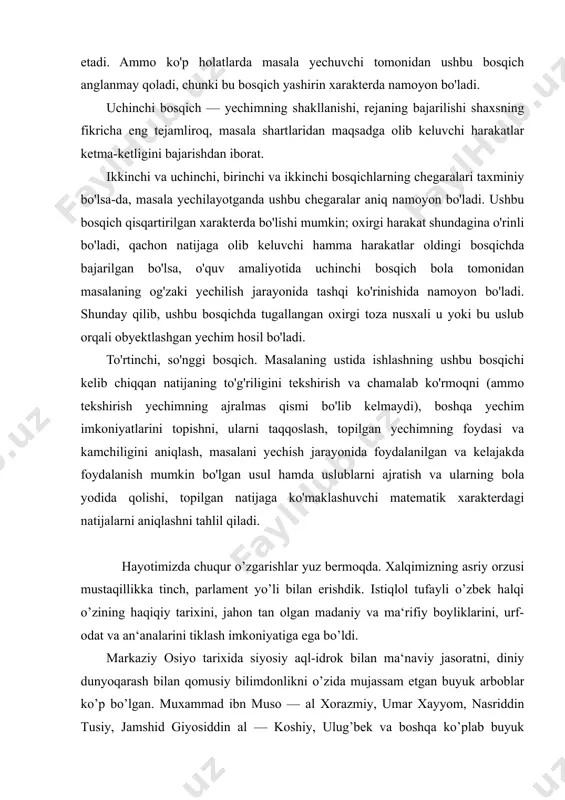 larni ajratish va ularning bola yodida qolishi, topilgan natijaga ko'maklashuvchi matematik xarakterdagi natijalarni aniqlashni tahlil qiladi. hayotimizda chuqur o’zgarishlar yuz bermoqda. xalqimizning asriy orzusi mustaqillikka tinch, parlament yo’li bilan erishdik. istiqlol tufayli o’zbek halqi o’zining haqiqiy tarixini, jahon tan olgan madaniy va ma‘rifiy boyliklarini, urf-odat va an‘analarini tiklash imkoniyatiga ega bo’ldi. markaziy osiyo tarixida siyosiy aql-idrok bilan ma‘naviy jasoratni, diniy dunyoqarash bilan qomusiy bilimdonlikni o’zida mujassam etgan buyuk arboblar ko’p bo’lgan. muxammad ibn muso — al xorazmiy, umar xayyom, nasriddin tusiy, jamshid giyosiddin al — koshiy, ulug’bek va boshqa ko’plab buyuk ajdodlarimiz o’z asarlarida arifmetikaning rivojlanishiga ulkan hissa qo’shdilar, halqimizning milliy iftixori bo’lib qoladilar. ularning nomlari, jahon tsivilizatsiyasi taraqqiyotiga qo’shgan buyuk hissalari hozirgi kunda butun dunyoga ma‘lum. biz ularning asarlari bilan tanishib chiqamiz. muxammad ibn muso xorazmiy. muxammad ibn muso xorazmiy 783 yilda xorazmda, xivada tug’ilgan. yoshligidan ilm — fanga qiziqqan. kunt bilan arab, fors, hind va yunon tillarini o’rgangan. …
