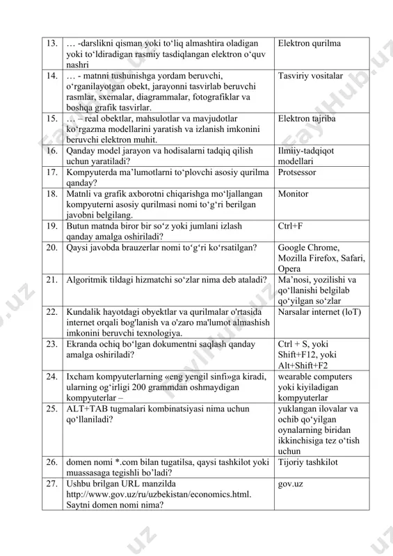 ruvchi elektron muhit. elektron tajriba 16. qanday model jarayon va hodisalarni tadqiq qilish uchun yaratiladi? ilmiiy-tadqiqot modellari 17. kompyuterda ma’lumotlarni to‘plovchi asosiy qurilma qanday? protsessor 18. matnli va grafik axborotni chiqarishga mo‘ljallangan kompyuterni asosiy qurilmasi nomi to‘g‘ri berilgan javobni belgilang. monitor 19. butun matnda biror bir soʻz yoki jumlani izlash qanday amalga oshiriladi? ctrl+f 20. qaysi javobda brauzerlar nomi toʻgʻri koʻrsatilgan? google chrome, mozilla firefox, safari, opera 21. algoritmik tildagi hizmatchi so‘zlar nima deb ataladi? ma’nosi, yozilishi va qo‘llanishi belgilab qo‘yilgan so‘zlar 22. kundalik hayotdagi obyektlar va qurilmalar o'rtasida internet orqali bog'lanish va o'zaro ma'lumot almashish imkonini beruvchi texnologiya. narsalar internet (lot) 23. ekranda ochiq boʻlgan dokumеntni saqlash qanday amalga oshiriladi? ctrl + s, yoki shift+f12, yoki alt+shift+f2 24. ixcham kompyuterlarning «eng yengil sinfi»ga kiradi, ularning og‘irligi 200 grammdan oshmaydigan kompyuterlar – wearable computers yoki kiyiladigan kompyuterlar 25. alt+tab tugmalari kombinatsiyasi nima uchun qo‘llaniladi? yuklangan ilovalar va ochib qo‘yilgan oynalarning …