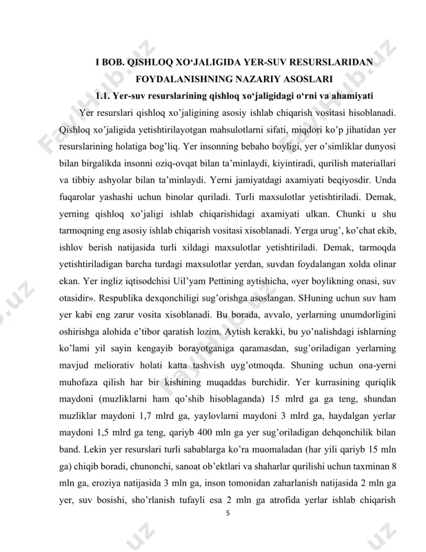 lovlar va pichanzorlar 22965,0 ming ga, lalmi haydalanidigan yerlar 765 ming ga, o’rmonlar maydoni 1,3 mln ga, foydalanimaydigan davlat zahirasidagi yerlar maydoni 15309,9 ming ga ni tashqil qiladi. quruq iqlim sharoitida sug’oriladigan yerlar beqiyos ahamiyatga ega. obikor yerlar respublikada yer maydonining 10% qismini egallagan holda o’simlikshunoslik bo’yicha yetishtiriladigan barcha mahsulotning 95% ini yetkazib beradi. sug’oriladigan yerlarning har bir qarichidan samarali foydalanish o’ziga xos ahamiyat kasb etadi. ularning mahsuldorligini barqaror oshirib borish, biror gektar maydonning ham muomiladan chiqib ketishga yo’l qo’ymaslik bugungi kunning asosiy vazifalaridan biriga aylanishi lozim. avvalari respublikada paxta yakka hokimligi hukm surgan davrlarda asosiy maydon (qariyb 2 mln ga yer) g’o’za bilan band bo’lgan, mamlakatimiz mustaqillikka erishgandan so’ng sug’oriladigan yerlardan foydalanish strukturasi jiddiy o’zgardi. boshoqli ekinlarning maydonini 1 mln. gektarga qadar kengaytirilganligi g’alla mustaqilligiga erishish niyati bilan bog’liq. albatta, g’alla ham, yem-hashak ham mamlakat uchun zarur. lekin beda ekiladigan maydonning 673 ming ga dan 232 ming ga qadar …