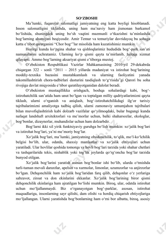 ek, u daraxt va butalarning koʻp turlari, xiyobonlar, yoʻlaklar, maydonlardagi dekorativ gulzorlar kompozitsiyalari va chim bilan boyitilgan boʻladi. parklarda fontanlar, hovuzlar, haykallar, har xil kichik arxitekturaviy shakllar joylashtiriladi. foydalanish xususiyatiga koʻra parklarni ikki asosiy kategoriyaga boʻlish mumkin: polifunksional parklar foydalanilishiga koʻra koʻp tarmoqli, monofunksional parklar - funksional foydalanishning qandaydir tarmogʻi rivojlantirilgan parklar. polifunksional parklarga shahar va tuman madaniyat va istirohat bogʻlari, baʼzan bir-biriga yaqin boʻlgan aholi punktlari mavjud boʻlgan shaharlar aglomeratsiya parklari kiradi. monofunksional parklarga istirohat, tarixiy, memorial, etnografik, bolalar parklari; attraksionlar parklari, ommaviy tomosha parklari, shuningdek, maxsus parklar sirasiga kiruvchi dendro - paklar, koʻrgazma parklari, hayvonot bogʻlari, sport parklari kiradi. maxsus parklar turiga tematik parklar kiradi. yuqorida keltirilgan tasnif parkning xilma-xilligini chegara - lamaydi. kelajakda shaharlarni koʻkalamzorlashtirish sistemasi - dagi oʻrni va funksional vazifasiga koʻra parklarning har xil turlari rivojlanishi mumkin. park tasnifini tanlashda uning geografik joylashuvi va park hududining landshaft xususiyatlari katta ahamiyatga ega boʻladi. koʻp funksiyali parklarning …