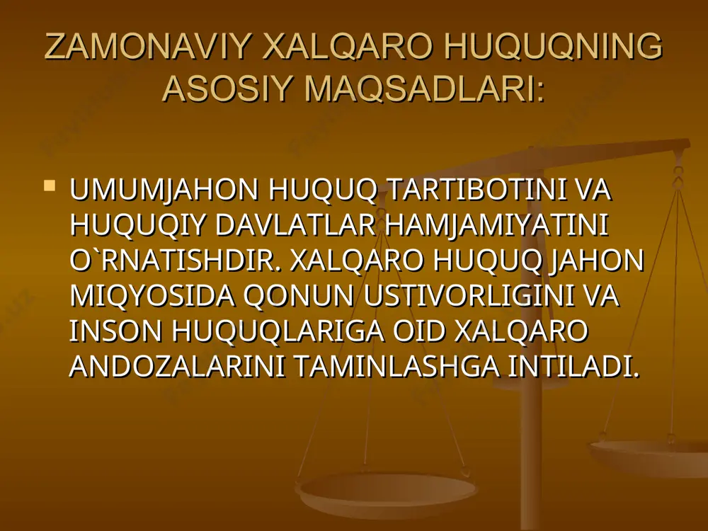 bunda xalqaro huquqning ijtimoiy negizi bo`lgan xalqaro hamjamiyat mustahkamlanadi va natijada uning faoliyat uchun shart-sharoit yaxshilanadi. beshinchi funksiyasi хаlqaro huquqning axborot marifiy funksiyasi esa davlatlarning ibratli xulq-atvori bo`yicha to`plangan tajribalarni almashish , huquqqa va huquq himoyasidagi manfaatlar hamda qadriyatlarga hurmat ehtirom ruhida tarbiyalash jarayonida huquqdan foydalanish imkoniyatlari yuzasidan talim berishni nazarda tutadi. хаlqaro huquq yana boshqa qator funksiyalarni ham bajaradi: 1) мuvofiqlashtirish funksiyasi. 2) таrtibga solish funksiyasi. 3) таmin etish funksiyasi. 4) мuhofazalash funksiyasi.