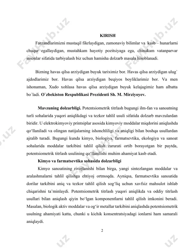ilan aniqlash qiyin bo‘lgan komponentlarni tahlil qilish imkonini beradi. masalan, biologik aktiv moddalar va og‘ir metallar tarkibini aniqlashda potentsiometrik usulning ahamiyati katta, chunki u kichik konsentratsiyadagi ionlarni ham samarali aniqlaydi. ekologiya va atrof-muhitni muhofaza qilish sohasida dolzarbligi ekologik ifloslanish global muammoga aylangan bugungi kunda, turli zararkunanda moddalar va og‘ir metallarni aniqlashning ishonchli usullarini rivojlantirish alohida ahamiyat kasb etadi. potentsiometrik titrlash usuli og‘ir metallar va kimyoviy ifloslantiruvchilarni aniqlashda yuqori sezgirlikka ega bo‘lib, suv va tuproq tarkibini tekshirishda keng qo‘llaniladi. ekologiya uchun zarur bo‘lgan bu kabi aniq tahlillar orqali ifloslanish manbalarini aniqlash va zarur choralarni ko‘rish imkoniyati yuzaga keladi. sanoat va oziq-ovqat tahlilida dolzarbligi potentsiometrik titrlash usuli sanoat mahsulotlari, oziq-ovqat va qishloq xo‘jaligi mahsulotlari tarkibini tekshirishda ham dolzarbdir. oziq-ovqat xavfsizligi dolzarb bo‘lib turgan bugungi kunda, bu usul turli oziq-ovqat tarkibidagi minerallar, kislota, ph darajasini aniq o‘lchash va nazorat qilish imkonini beradi. sifat nazorati jarayonida potentsiometrik titrlash mahsulot tarkibini aniq va tez tekshirish …