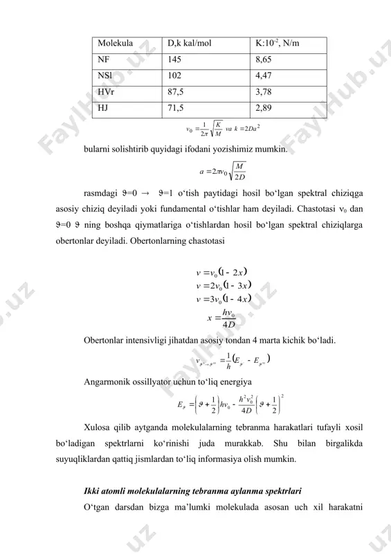 litudali tebranishlarni hisobga olsak , da, ya’ni chiziqning chastotasi quyidagi tablisada j ning har xil qiymatlarida r hamda p shoxlarga tegishli bо‘lgan chiziqlarning chastotasi keltirilgan. j 0 1 2 3 4 r (t+2v0 (t +4 v0 (t +6 v0 (t +8 v0 (t +10 v0 p - (t -2 v0 (t -4 v 0 (t -6 v0 (t -8 v0 tablisadan kо‘rinadiki aylanma-tebranma spektrlar gruppasi orasidagi masofa (( =2b0 teng. о‘tgan darsda kо‘rilgan morzi formulasi 1) r(( da u(q)(d( da bu formulaning 2- xususiy holi 2) r=re u(q)=0 bо‘ladi. molekulaning tebranma aylanma harakatlarini birgalikda qarash paytida aylanish doimiyligi. о‘zgarib turish tufayli uning о‘rtacha qiymatini olish kerak. ; adabiyotlar 1. м.а.еляшевич.атомная и молекулярная спектроскопий.м.1962 г. 2. г.герцсберг. спектри и строение двухатомних молекул.м.1949 г. 3. г.герцсберг. колебателние и врашателние спектри многоатомних молекул. м.1979 г. 4. г.г.маер.электронние спектри многоатомних молекул. л.1969 г. 5. в.м.чулановский. введение молекулярного спектралного анализа. м-л. 1951 г. 6. г.л. …