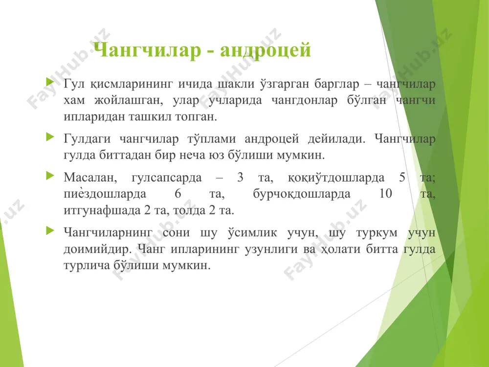 часига тушади. бу жараён чангланиш деб аталади. чангланиш чангланиш икки хил бўлади: ўзидан (идиогамия) ва четдан чангланиш (ксеногамия). ёпиқ уруғли ўсимликлар кўпрок четдан чангланишга мослашган бўлиб, бунда уруғчи тумшуқчаси бир турга мансуб бўлган, лекин бошқа бир ўсимлик гуллари чанги билан чангланади. четдан чангланишда қайси воситалар ѐрдамида чангланишига қараб, четдан чангланишнинг қуйидаги усуллари фарқланади: биотик (энтомофилия, орнитофилия, хироптерофилия ва бошқалар) ва абиотик (анемофилия ва гидрофилия) усуллари. i. ўзидан чангланиш. агар уруғчи тумшуқчаси шу гулнинг ѐки шу ўсимликдаги бошқа бир гулнинг чанги билан чангланса, бундай чангланиш жараѐнига ўзидан чангланиш (идиогамия) деб аталади. бундай чангланиш, асосан икки жинсли гулларда содир бўлади (арпа, буғдой, нўхат, ловия, сули, тариқ, помидор, ғўза, зиғир). ўзидан чангланиш уч хил бўлади: 1. автогамия ( аutо - ўзидан, gamos - никоҳланаман деган маънони билдиради) – уруғчининг тумшуқчасига шу хазмогам (очиқ) гулнинг чангдонидан чиққан чанг тушади. 2. гейтоногамия (юн. geiton – қўшни ва gamos – никоҳланаман деган сўздан олинган) - бир …