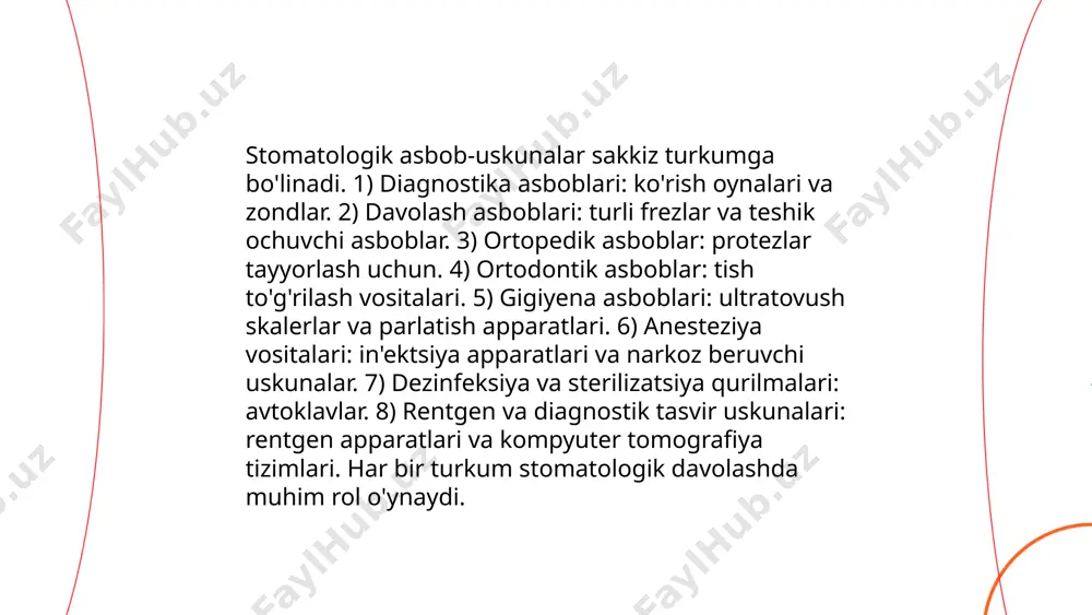 avolashda sifatni oshiradi. bugungi kunda lazer stomatologiyasi og‘riqsiz muolajalar uchun keng qo‘llaniladi. digital cad/cam texnologiyalari yordamida tish protezlari aniq va tez tayyorlanadi. 3d printerlar bilan individal tayyorlangan prokladkalar yaratiladi. intraoral skanerlar og‘iz bo‘shlig‘ining raqamli modelini yaratishda ishlatiladi. rentgen texnologiyasi rivojlanib, 3d cbct tomografiya orqali tishlarning aniqligini oshiradi. zamonaviy stomatologiyada sterilizatsiya jarayonlari avtoklav yordamida amalga oshiriladi, bu esa tozalikni ta’minlaydi. endodontik mikroskoplar orqali ildiz kanali muolajalari aniqroq bajariladi. bu barcha texnologiyalar stomatologiyani xavfsiz, tez va og‘riqsiz qiladi. ... t.me/slaydai_bot stomatologik asboblarning sterilligi stomatologlar uchun juda muhim hisoblanadi. asboblar sterilizatsiyasi bemorlar o'rtasida infeksiya tarqalishini oldini olish uchun zarurdir. har bir asbob ishlatilgandan keyin yuqori darajadagi dezinfeksiya talab etiladi. sterillash jarayoni odatda avtoklav yordamida amalga oshiriladi, bunda asboblar 121°c haroratda 15-20 daqiqa davomida ishlov beriladi. bu harorat va vaqt bakteriyalar, viruslar va zamburug'larni o'ldiradi. ba'zi hollarda kimyoviy moddalar, ultratovushli tozalash yoki quruq issiq usullar ham qo'llaniladi. effektiv sterilizatsiya stomatologik amaliyotlarning xavfsizligini ta'minlaydi. stomotologik …
