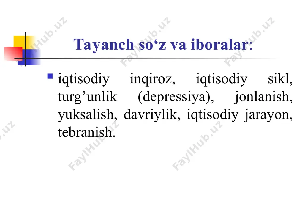 lakatlarning iqtisodiy rivojlanish tarixini o‘rganish, ulardan hech biri uzoq muddatda bir tekis rivojlanmaganligi, aksincha, barcha mamlakatlar uchun davriy rivojlanish xos ekanligini ko‘rsatadi. ishlab chiqarish, bandlilik va inflyatsiya darajasining davriy tebranishga iqtisodiy davr (sikl)lar deyiladi. ayrim iqtisodiy davrlar boshqalaridan o‘tish davrining davomiyligi va faolligi bilan farq qiladi. shunga qaramasdan ularning barchasi bir xil bosqichlardan tashkil topadi 2. iqtisodiy davrlarni yuzaga kelish sabablari iqtisodiy tebranishlarning asosiy sababi sifatida iqtisodchilar 3 omilni ko‘rsatadi: birinchi guruh olimlar iqtisodiy tebranishlarning asosiy sababi texnika va texnologiyalarda ro‘y beradigan o‘zgarishlar deb hisoblaydilar. ularning fikricha fan-texnika yutuqlarini qo‘llash natijasida iqtisodiyotda o‘sish ro‘y beradi. ikkinchi guruh olimlar iqtisodiy bosqichlarni siyosiy va tasodifiy vaziyatlarga bog’lashadi. uchinchi guruh olimlar monetar siyosatga bog’laydilar. ya’ni, davlat qanchalik ko‘p pul bosib chiqarsa, uning qadri shunchalik kamayib boradi, va aksincha, pul miqdori qanchalik kam bo‘lsa, ishlab chiqarish ko‘lamining pasayishi va ishsizlar sonining ortishi shunchalik tezlashadi iqtisodiy tebranishlar sabablarini, ularga ta’sir etuvchi omillarni o’rganish, iqtisodiy tebranishlar …