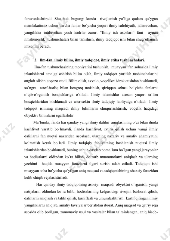 an fan sohasida ilmiy izlanishlarni amalga oshirish bilim olish, ilmiy tadqiqot yuritish tushunchalarini anglab olishni taqozo etadi. bilim olish, avvalo, voqelikni idrok etishdan boshlanadi, so`ngra atrof-borliq bilan kengroq tanishish, qiziqqan sohasi bo`yicha fanlarni o`qib-o`rganish bosqichlariga o`tiladi. ilmiy izlanishlar asosan yuqori ta’lim bosqichlaridan boshlanadi va asta-sekin ilmiy tadqiqiy faoliyatga o`tiladi ilmiy tadqiqot ishining maqsadi ilmiy bilimlarni chuqurlashtirish, voqelik haqidagi obyektiv bilimlarni egallashdir. ma’lumki, fanda har qanday yangi ilmiy dalilni aniqlashning o`zi bilan ilmda kashfiyot yaratib bo`lmaydi. fanda kashfiyot, ixtiro qilish uchun yangi ilmiy dalillarni fan nuqtai nazaridan asoslash, ularning nazariy va amaliy ahamiyatini ko`rsatish kerak bo`ladi. ilmiy tadqiqiy faoliyatning boshlanish nuqtasi ilmiy izlanishlardan boshlanadi, buning uchun dastlab noma’lum bo`lgan yangi jarayonlar va hodisalarni oldindan ko`ra bilish, dolzarb muammolarni aniqlash va ularning yechimi haqida muayyan farazlarni ilgari surish talab etiladi. tadqiqot ishi muayyan soha bo`yicha qo`yilgan aniq maqsad va tadqiqotchining shaxsiy farazidan kelib chiqib rejalashtiriladi. har qanday ilmiy tadqiqotning asosiy maqsadi obyektni …