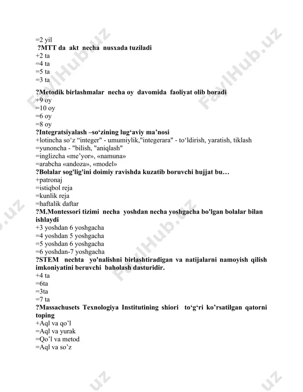 anus” iborasining manosi qanday +aql va qo`l =aql va yurak =qo`llar =tinimsiz mehnat ?steam yondashuvining eng mashhur namunasini ko`rsating +massachusets texnologiya instituti =oksford =gamburg =harvard =boshqalarni tushunishga ?bolalikning alohida dunyosi borligini va bolaning rivojlanishi maxsus qonunlarga bo‘ysunishini ta’kidlagan olim kim. +m.montissori =g.k. selevko =i.p.volkov =i.p. ivanov ?inklyuziv ta’limga noto`g`ri berilgan ta’rifni toping +sog`lom bolalarning ta'lim olishi =ko`zi ojiz bolalarni maktablarda sog‘lom tengdoshlari bilan birga ta'lim olishi =kar va soqov bolalarni maktablarda sog‘lom tengdoshlari bilan birga ta'lim olishi =harakati cheklangan bolalarni maktablarda sog‘lom tengdoshlari bilan birga ta'lim olishi ?bolalarni ijtimoiy-axloqiy meyorlar bilan tanishtirish maqsadida tayyorlangan hujjat bu... +yо‘riqnoma =ishontirish =nasihat =rag'batlantirish ?maktabgacha ta’lim tashkilotida bolalar necha soat ochiq havoda vaqt o'tkazishlari lozim +3-4 soat =1-2 soat =5-6 soat =4-5 soat ?aktabgacha ta’lim tashkilotida qattiq yomg'irda, kuchli shamolda, sovuq -necha gradusdan oshganda sayrga chiqish kerak emas +25° oshganda =30° oshganda =35° oshganda =33° oshganda ?2018 yilda tasdiqlangan “ilk qadam” davlat o’quv dasturida …
