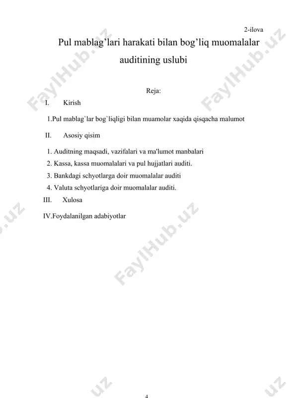 ar asosida tekshirishni boshlashdan oldin, odatda, kassadagi naqd pullar, qimmatli qog’ozlar va qat’iy hisobot blanklarini tekshiruvdan o’tkazadi. bunda pul mablag’larini hisobga olishga doir respublikamizdagi qonunlar va me’yoriy hujjatlarga asoslanish zarur. 1. auditning maqsadi, vazifalari va ma'lumot manbalari kassa muomalalarini yuritish o`zbekiston respublikasi markaziy banki boshqaruvining 1998 - yil 24 - yanvardagi 376-sonli qarori bilan tasdiqlangan «yuridik shaxslar tomonidan kassa operatsiyalarini amalga oshirish qoidalari» bilan tartibga solinadi. ushbu qoidaga muvofiq, barcha yuridik shaxslar, mulkchilik shaklidan qat'iy nazar, o`zlarining pul mablag`larini bank muassasalarida saqlashlari shart. «yuridik shaxslar o`rtasidagi hisob-kitoblar hamda tadbirkorlik faoliyatini amalga oshirish bilan bog`liq fuqarolar ishtirokidagi hisob-kitoblar bank muassasalari orqali faqat naqd pulsiz amalga oshiriladi. tashkilotlar tomonidan bank muassasalaridan olingan naqd pullar qanday maqsadlar uchun olingan bo`lsa, faqat shunga sarflanadi. tashkilotlar o`z kassasida kassadagi naqd pullar qoldig`i limitlari doirasida naqd pullarga ega bo`lishlari mumkin. kassalardagi naqd pullar qoldig`i limitlari va tushumni ishlatish me'yorlarini bank muassasalari ushbu tashkilotlar rahbarlari bilan kelishgan …
